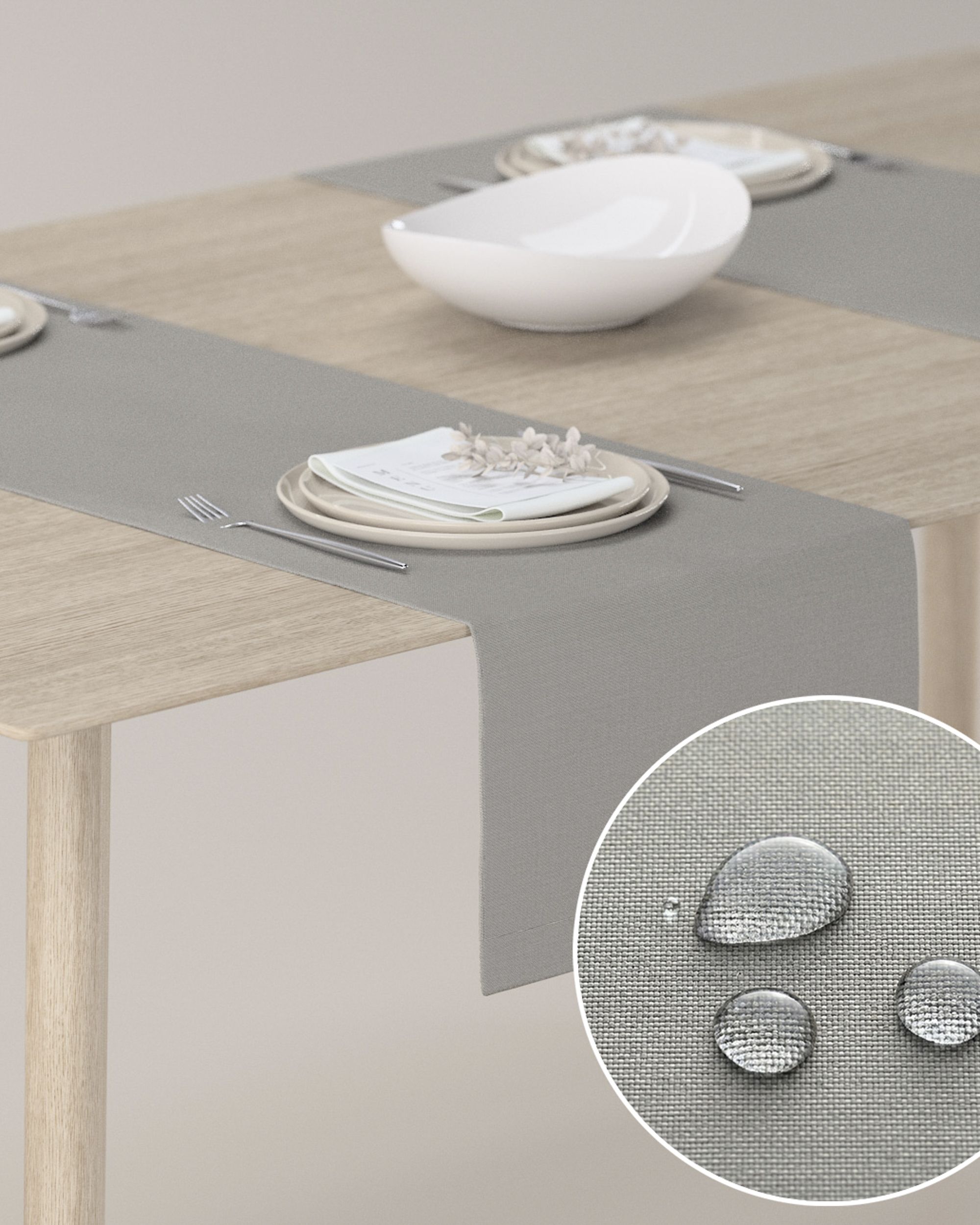 Chemin de table rectangulaire couleur beige tissu résistant aux taches, tresse