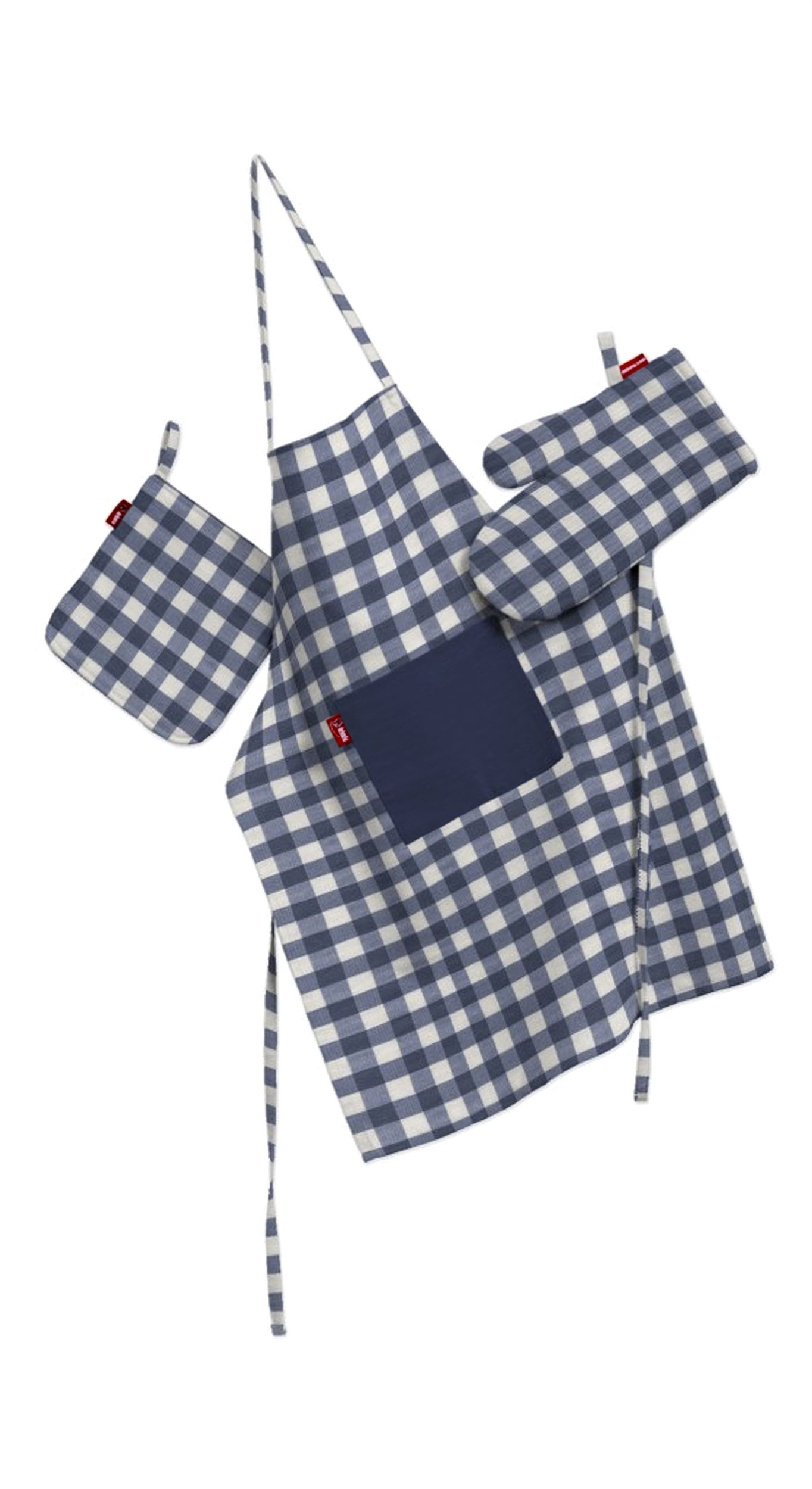 Ensemble de cuisine: tablier, gant et manique couleur bleu marine tissu à motifs