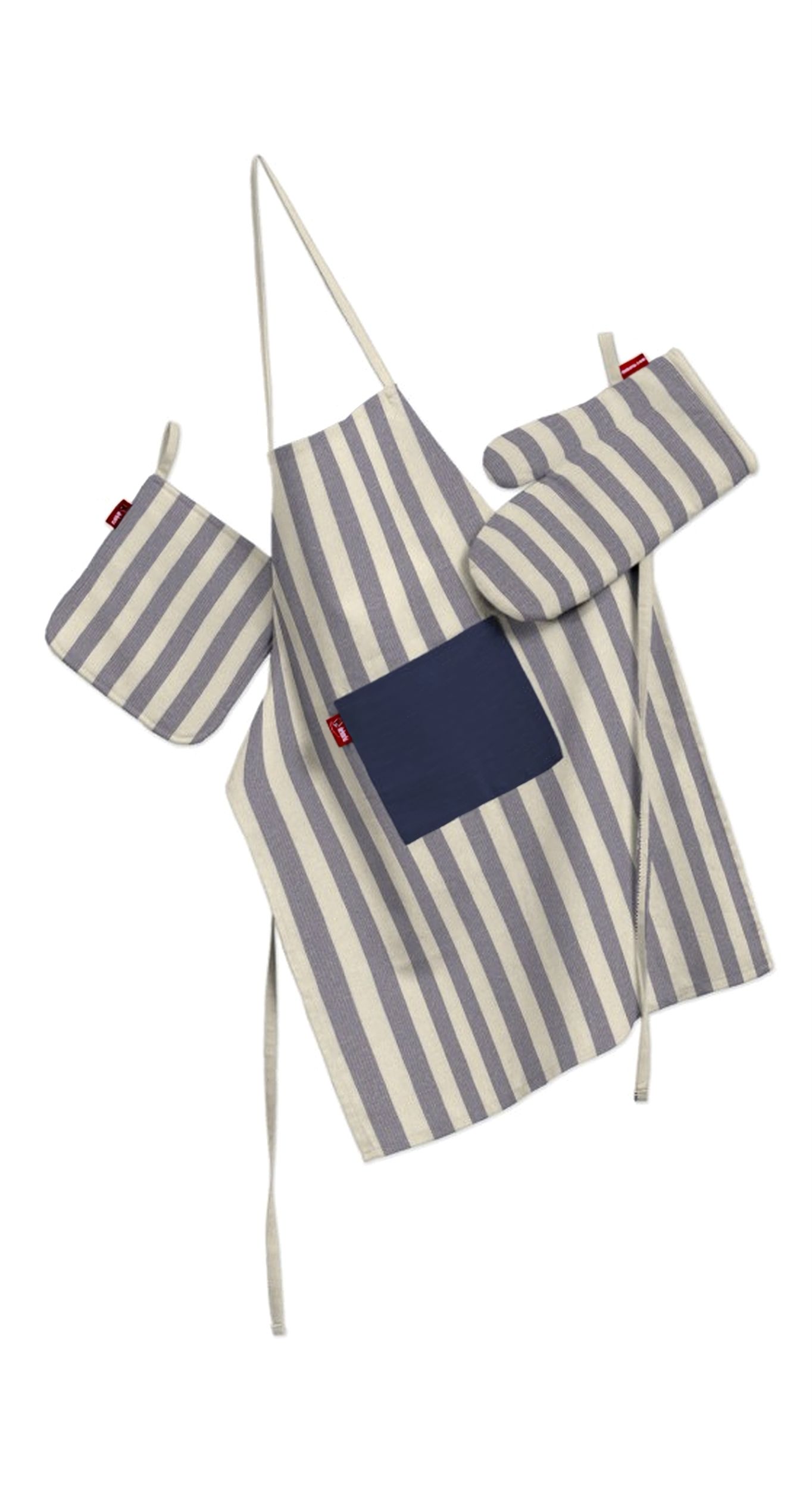 Ensemble de cuisine: tablier, gant et manique couleur bleu marine tissu à motifs