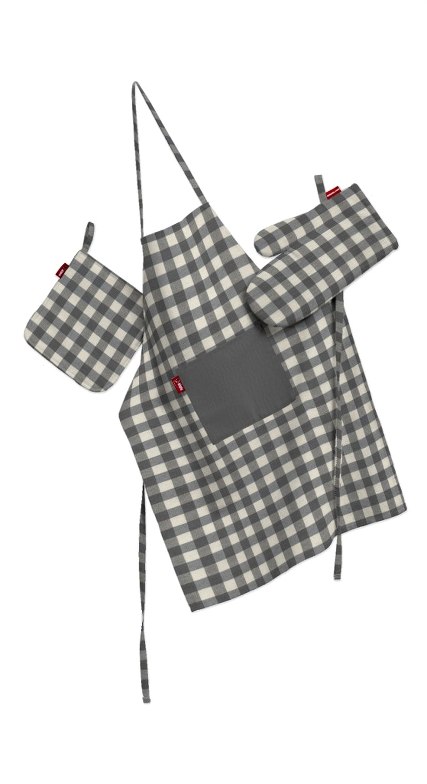 Ensemble de cuisine: tablier, gant et manique couleur gris tissu à motifs