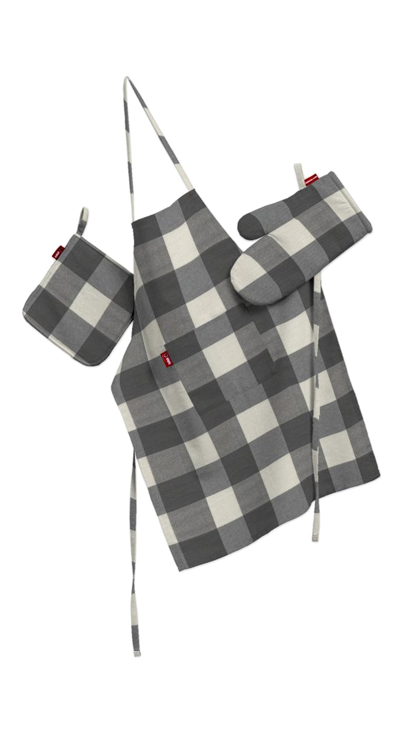 Ensemble de cuisine: tablier, gant et manique couleur gris tissu à motifs