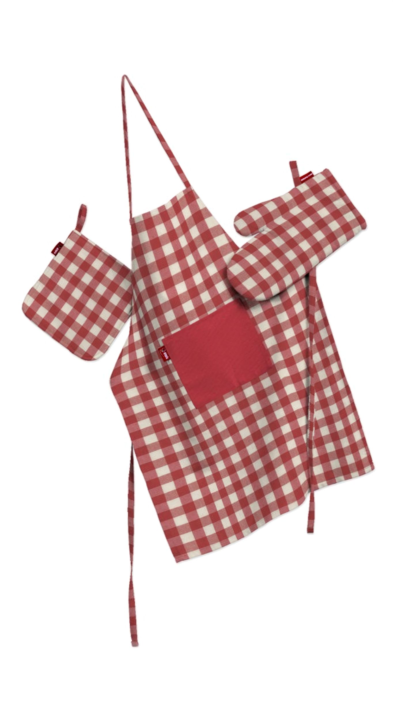 Ensemble de cuisine: tablier, gant et manique couleur rouge tissu à motifs