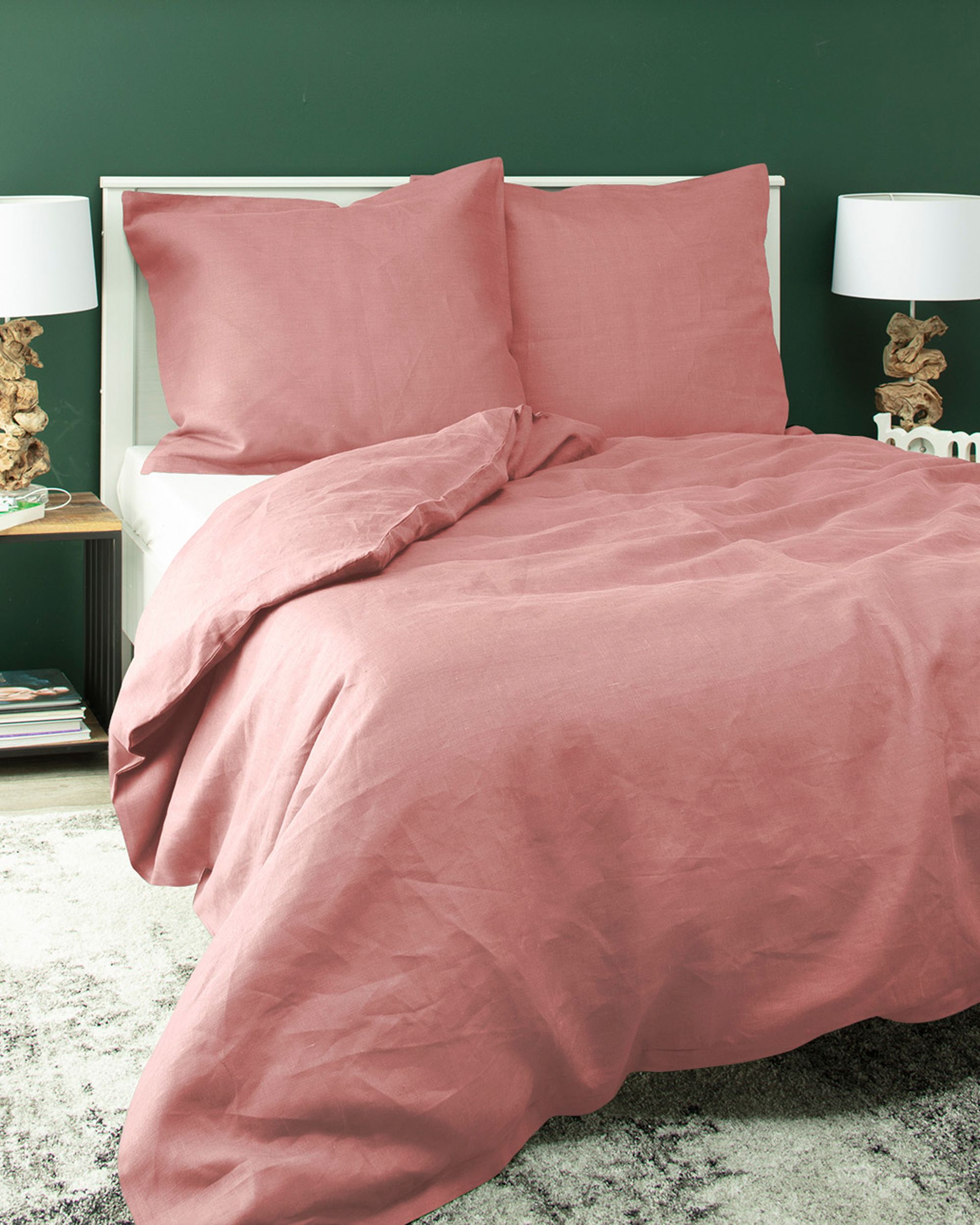 Parure de lit en lin Linen 160x200 cm couleur rose tissu semi-transparent, tresse, en lin