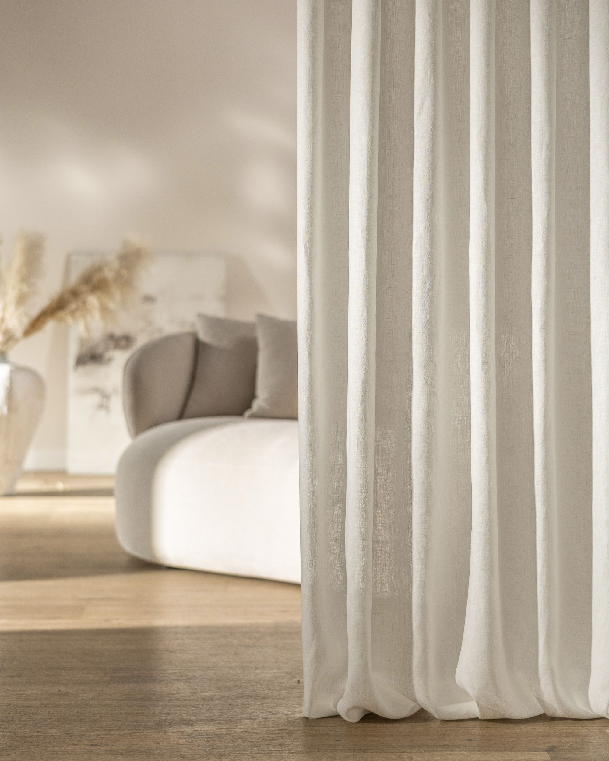 Rideau avec crochets flex doubles couleur blanc tissu semi-transparent, tresse, en lin (hover)