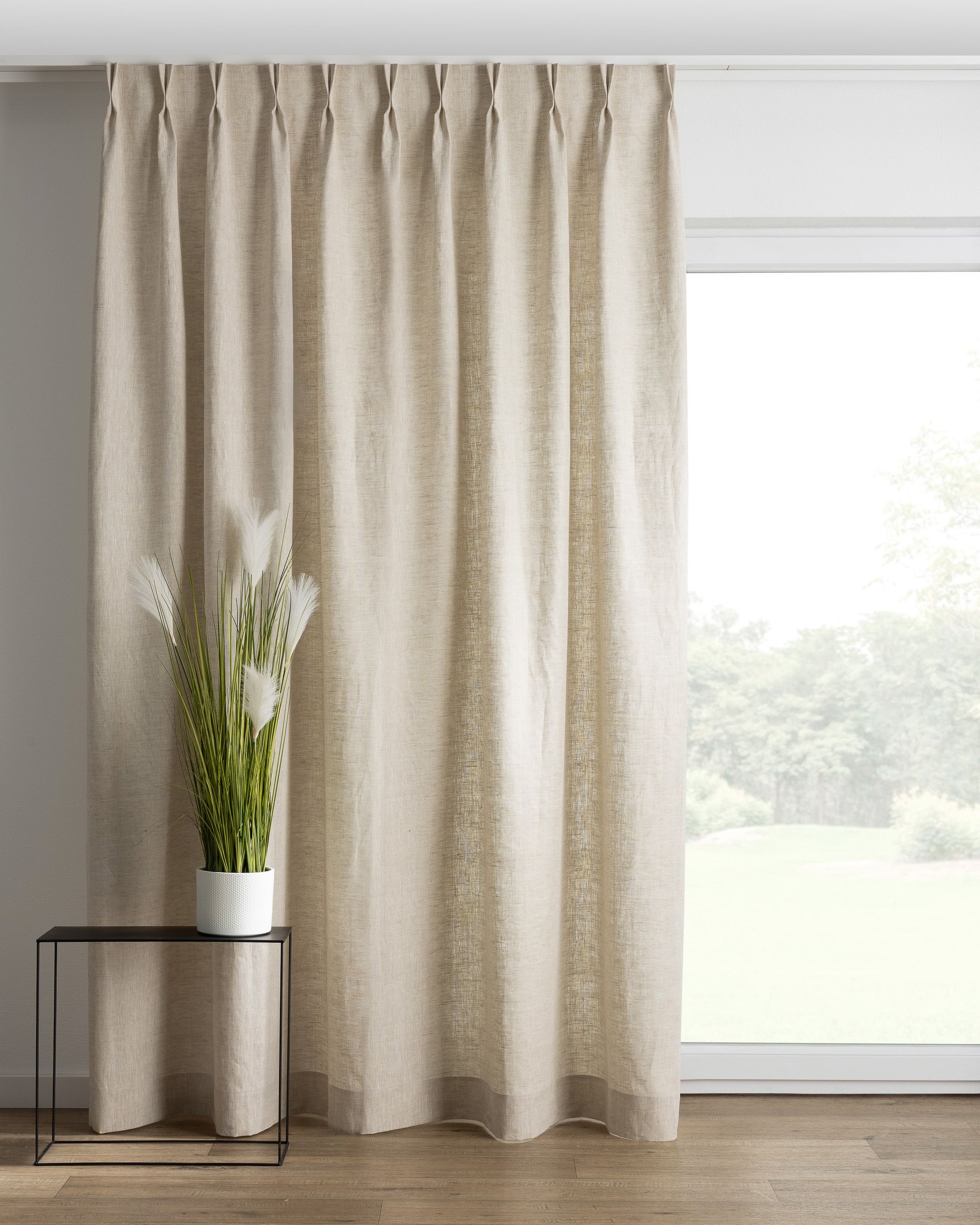 Rideau avec crochets flex doubles couleur beige tissu semi-transparent, tresse, en lin