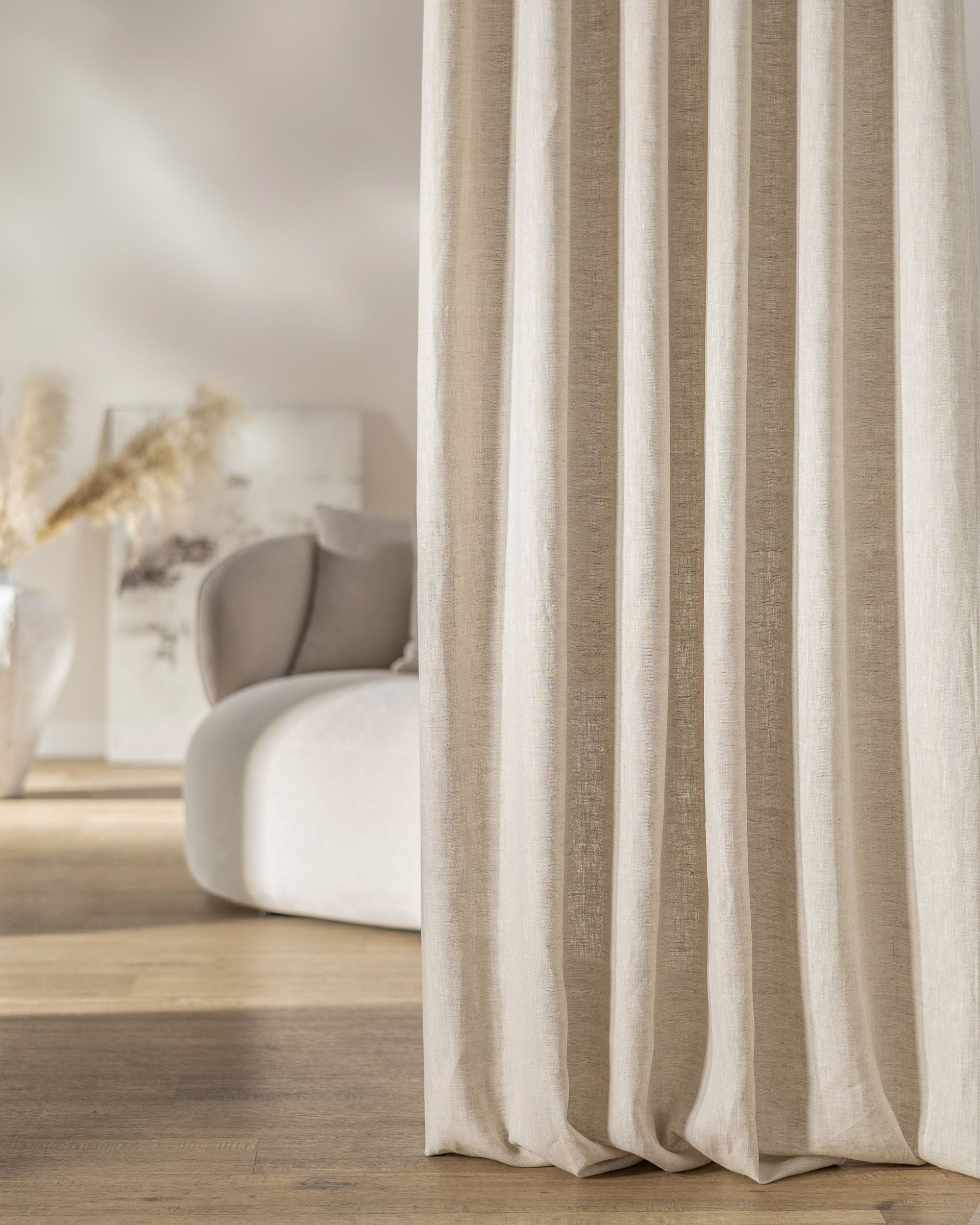 Rideau avec crochets flex doubles couleur beige tissu semi-transparent, tresse, en lin (hover)