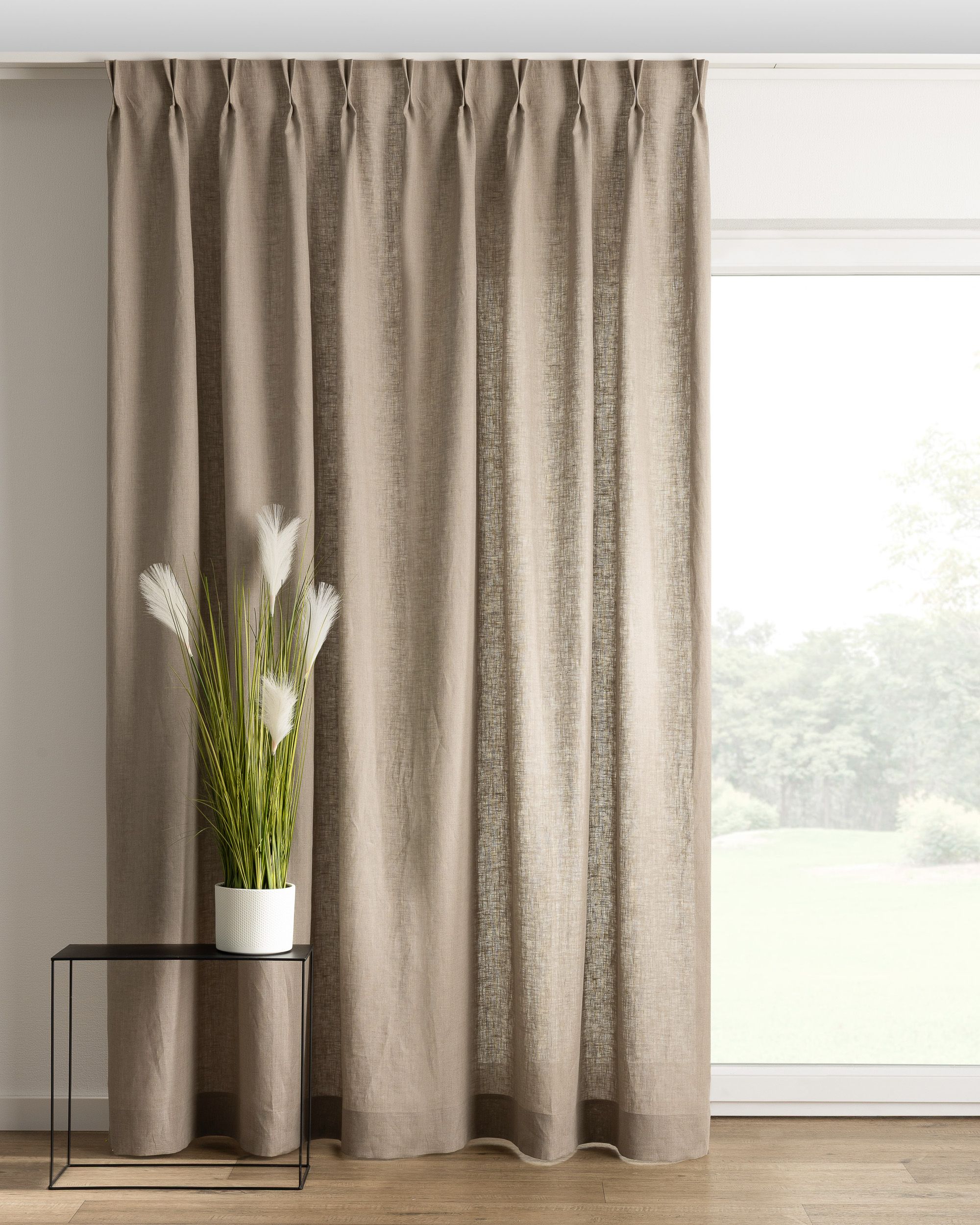 Rideau avec crochets flex doubles couleur beige tissu semi-transparent, tresse, en lin