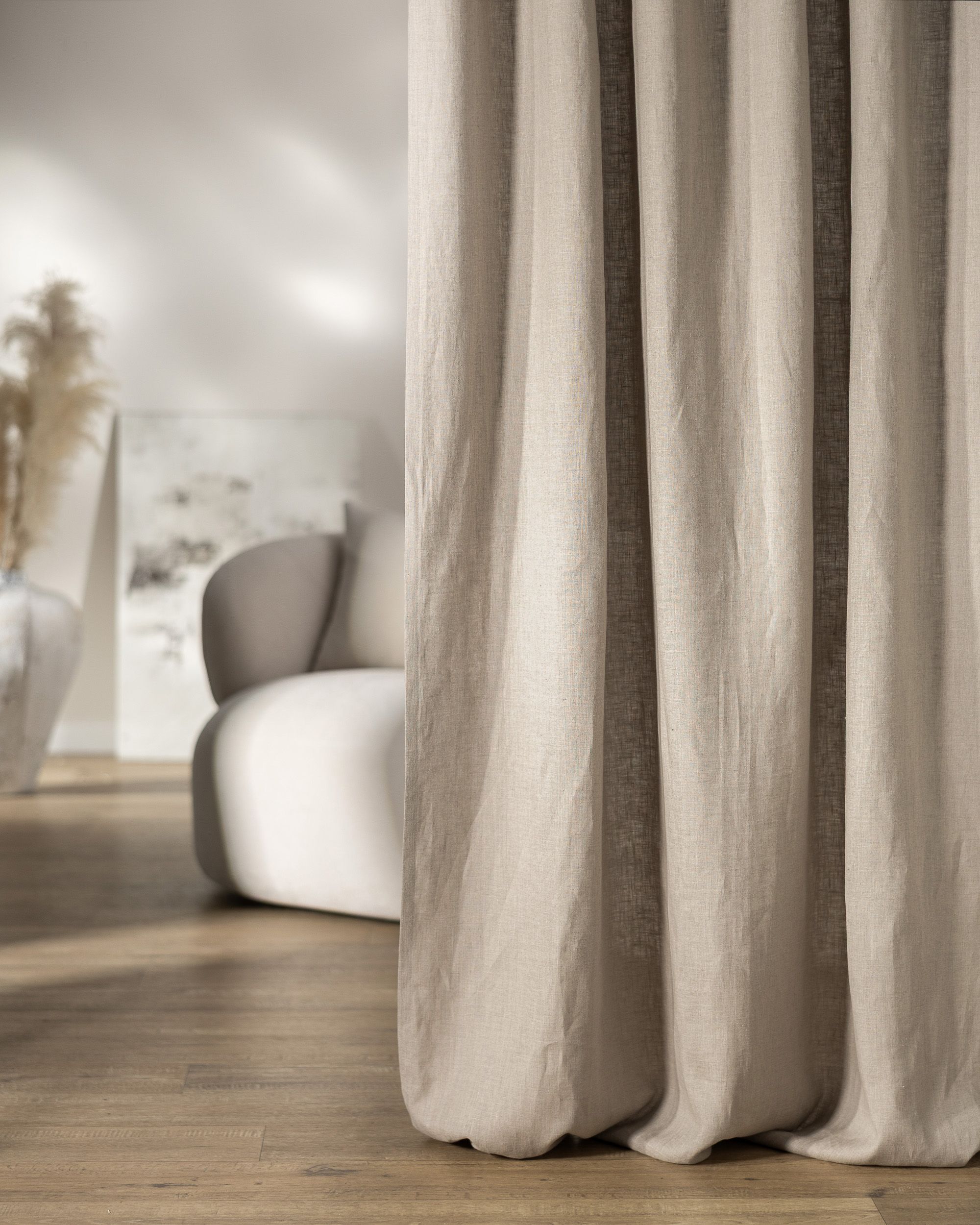 Rideau avec crochets flex doubles couleur beige tissu semi-transparent, tresse, en lin (hover)