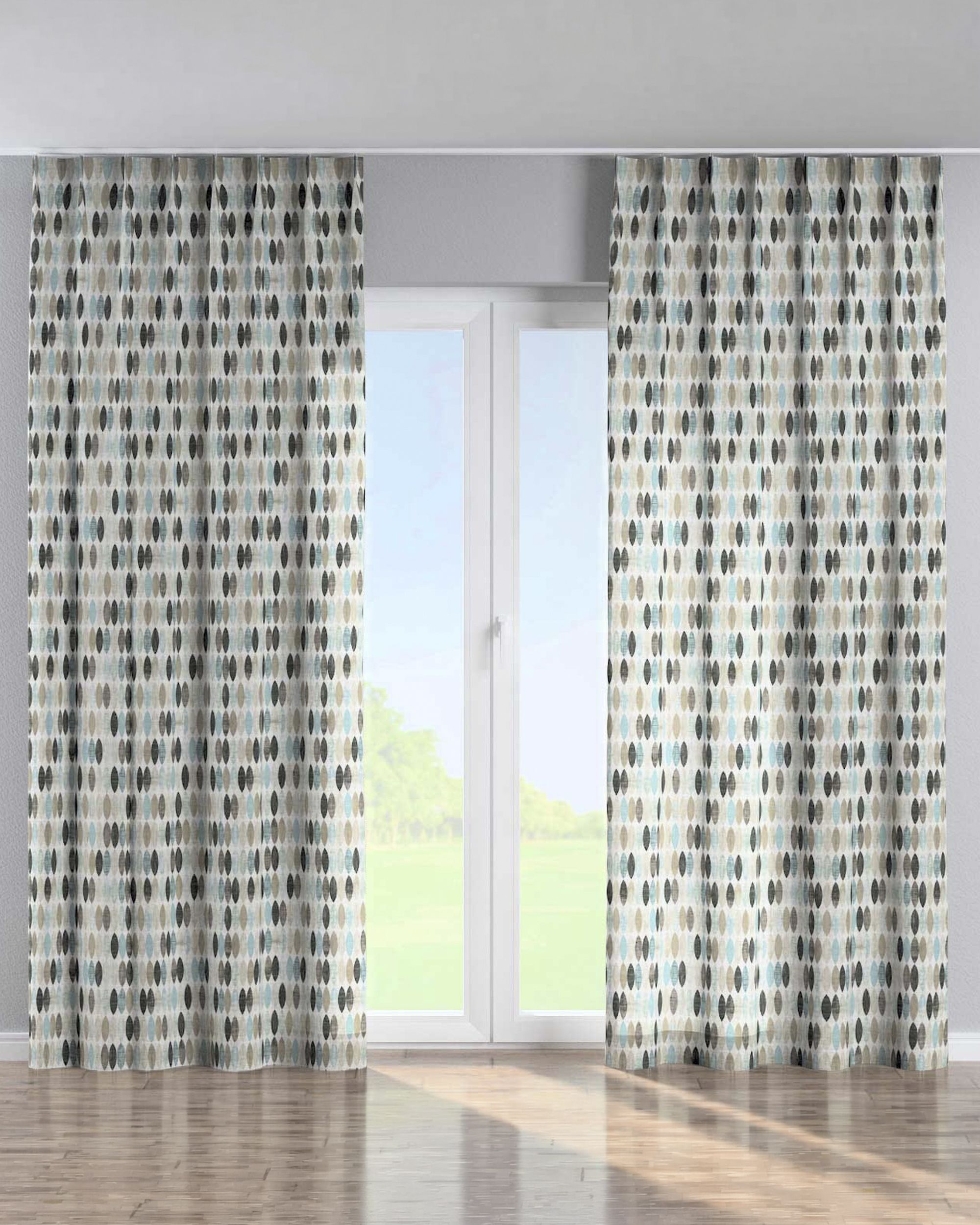 Rideau avec crochets flex simples couleur beige tissu à motifs