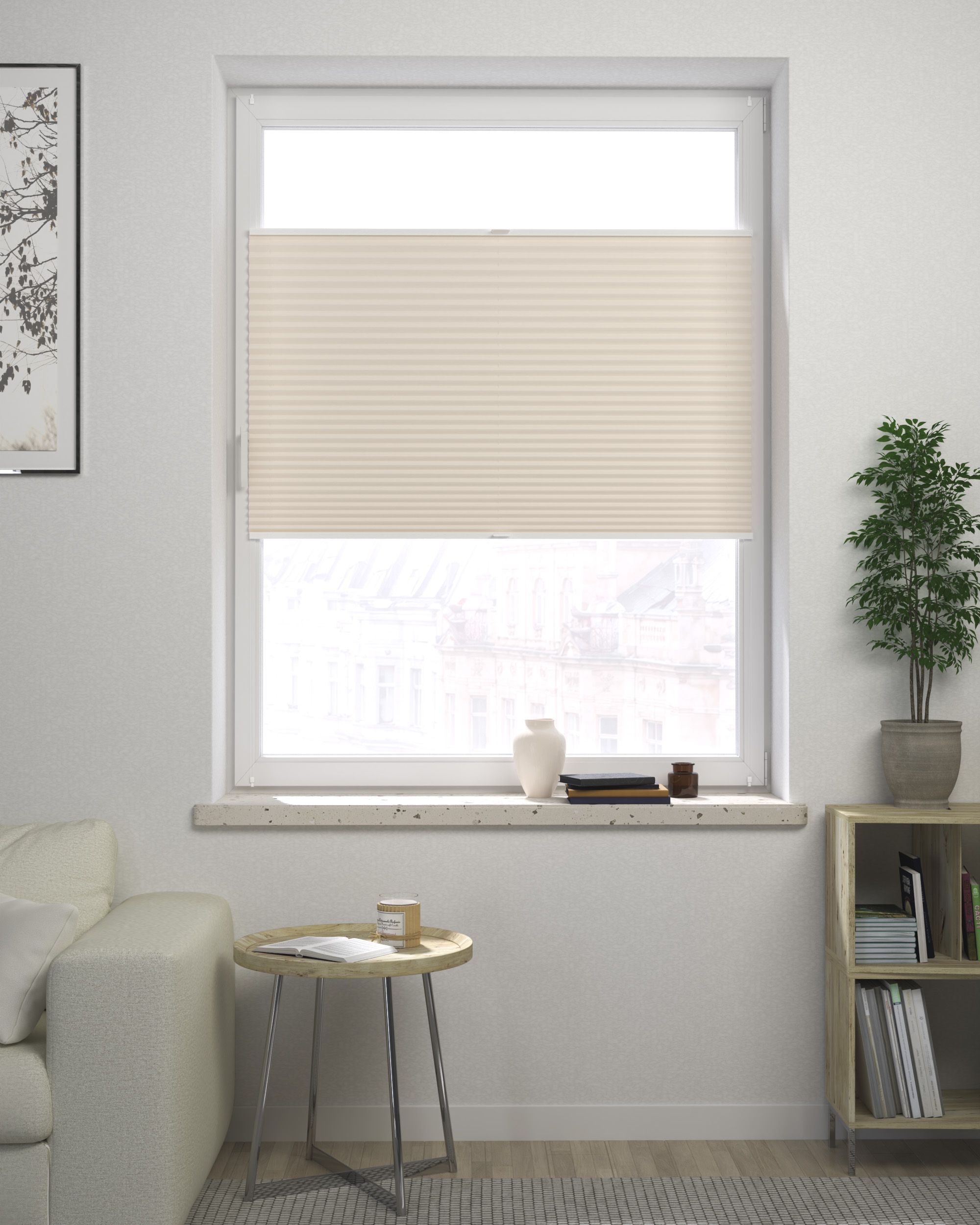 Store plissé sur mesure Harmonica couleur crème tissu semi-transparent (hover)