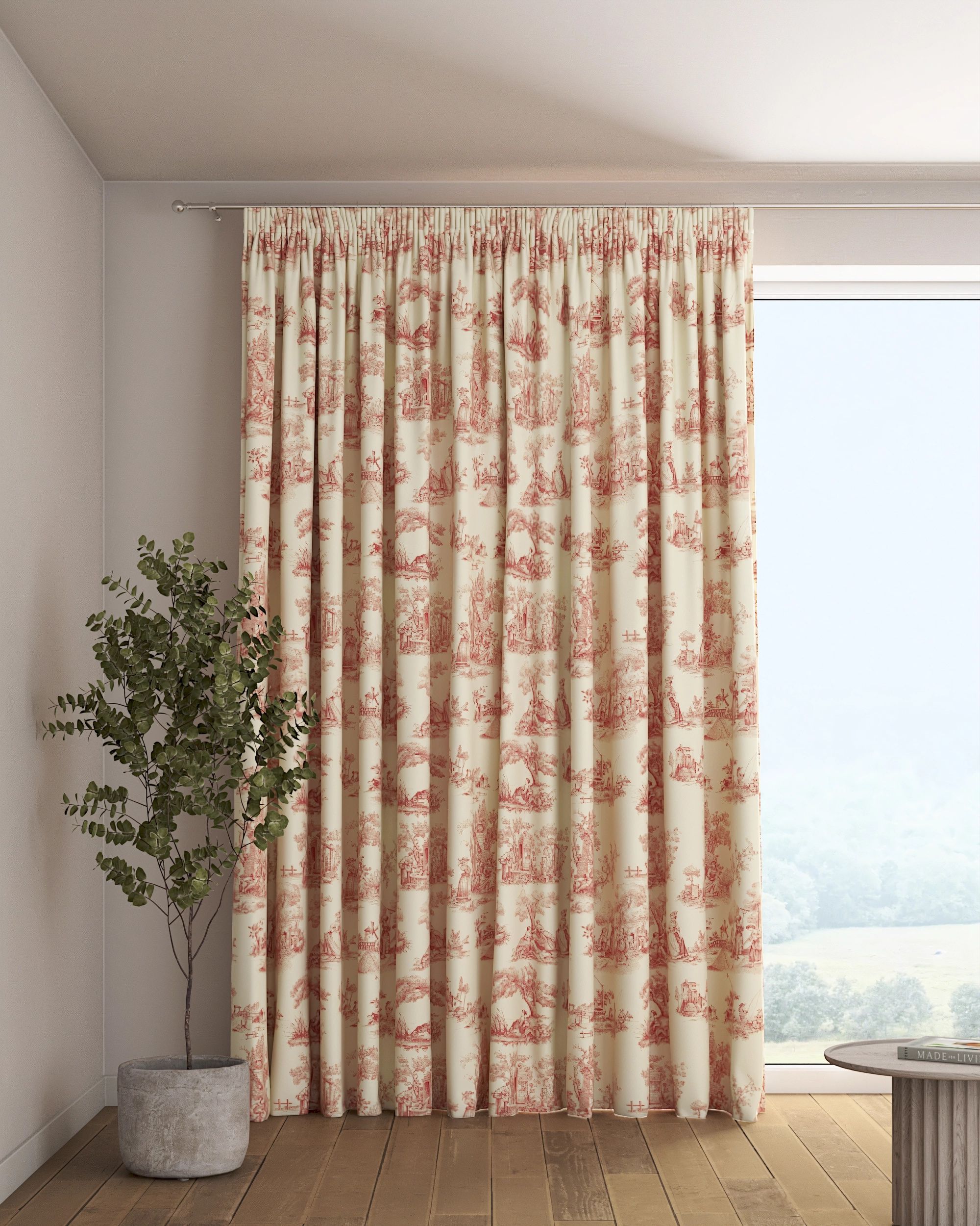 Rideau sur un ruban fronceur 1 pièce couleur rouge tissu à motifs