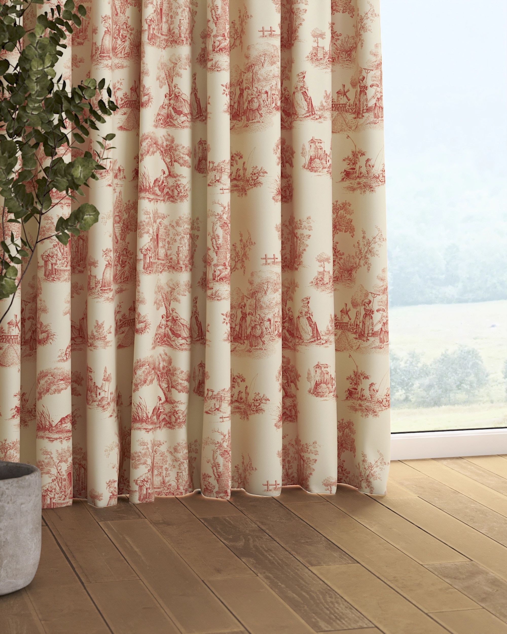 Rideau sur un ruban fronceur 1 pièce couleur rouge tissu à motifs (hover)
