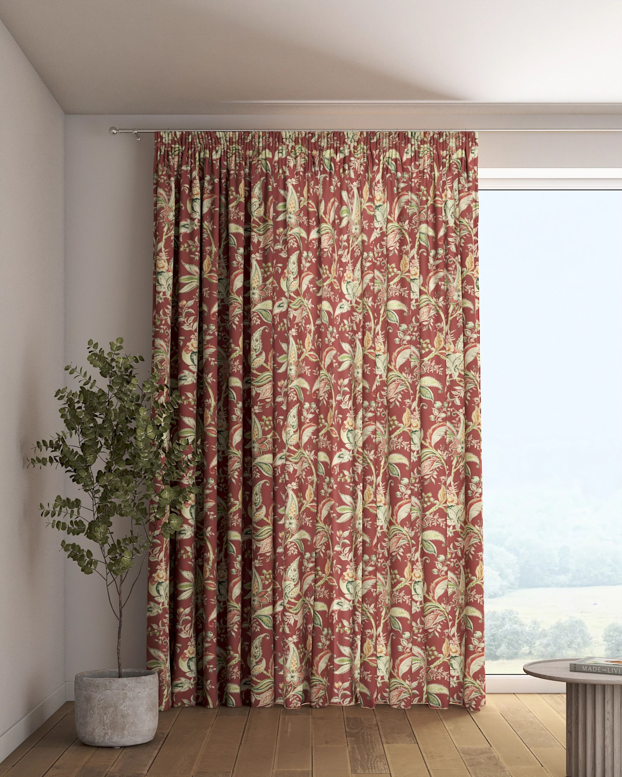 Rideau sur un ruban fronceur 1 pièce couleur rouge tissu à motifs