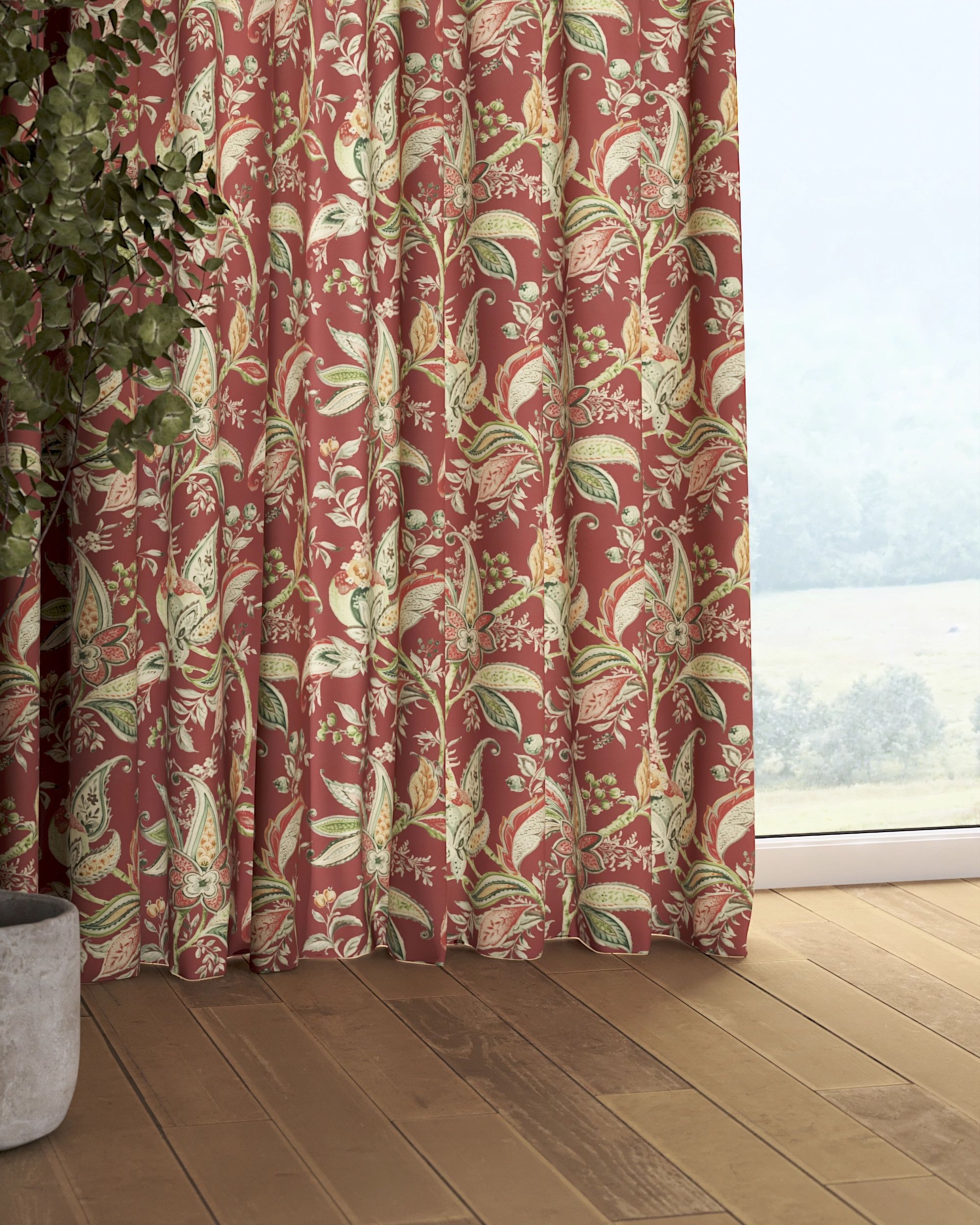 Rideau sur un ruban fronceur 1 pièce couleur rouge tissu à motifs (hover)