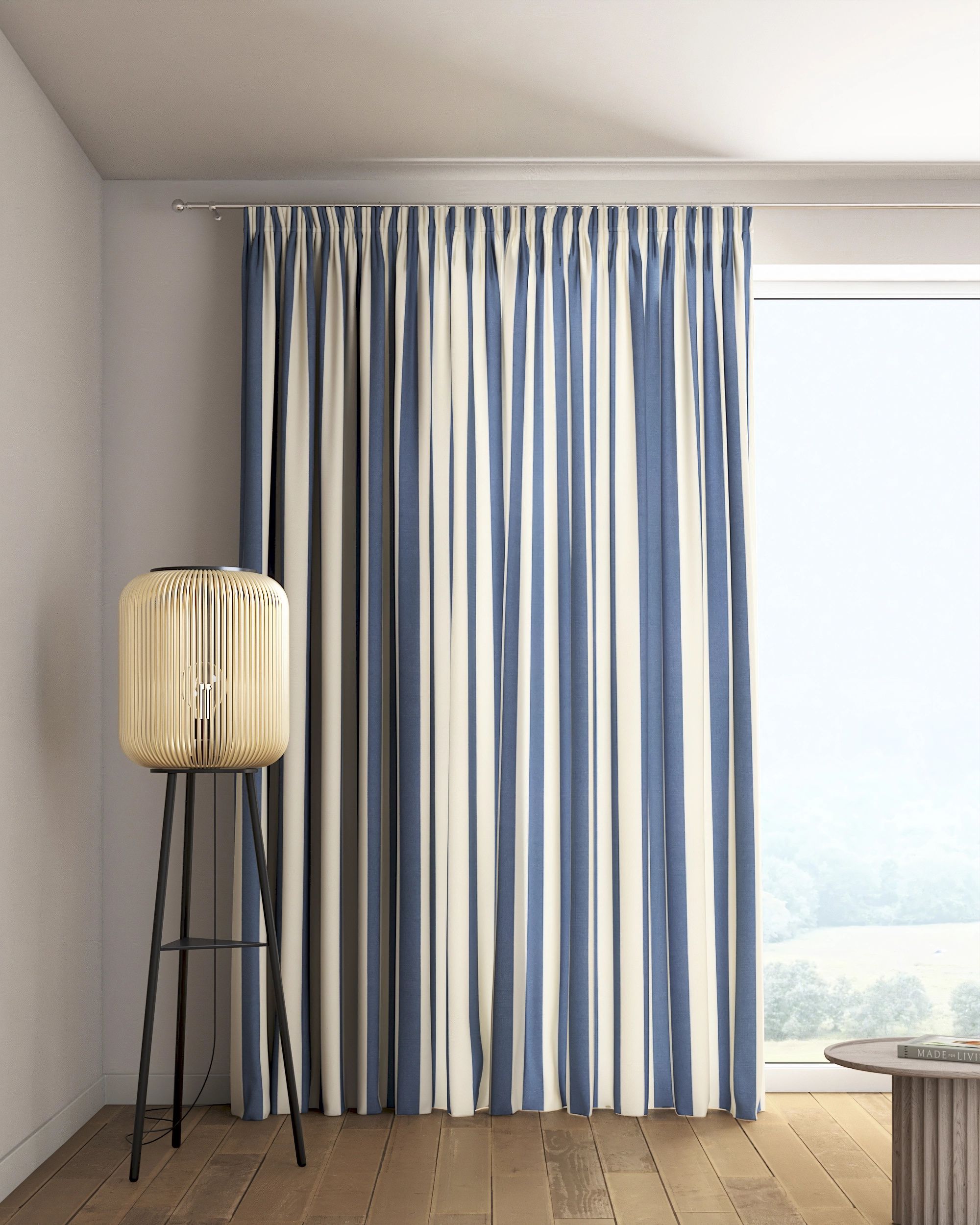 Rideau sur un ruban fronceur 1 pièce couleur bleu tissu à motifs