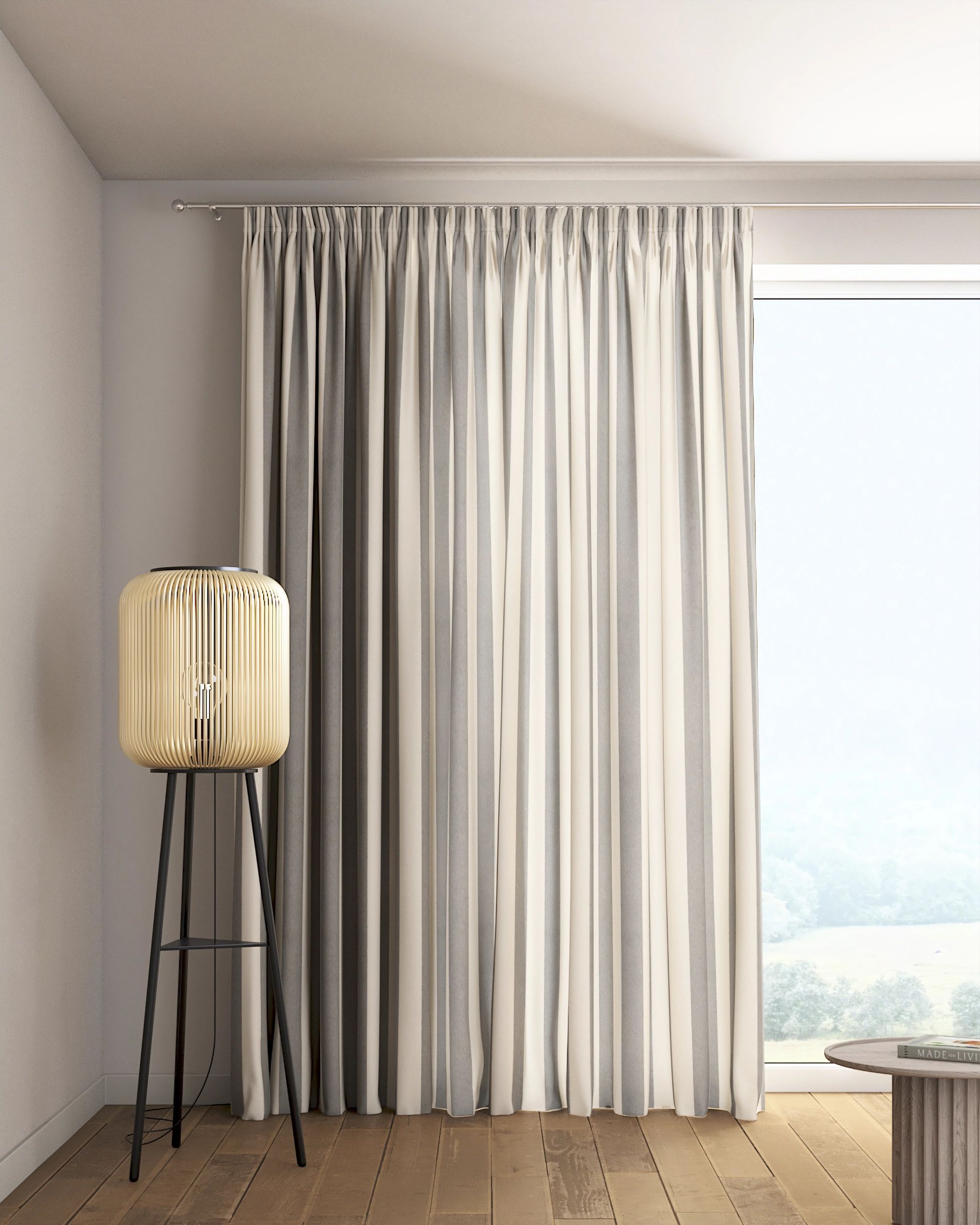 Rideau sur un ruban fronceur 1 pièce couleur gris tissu à motifs