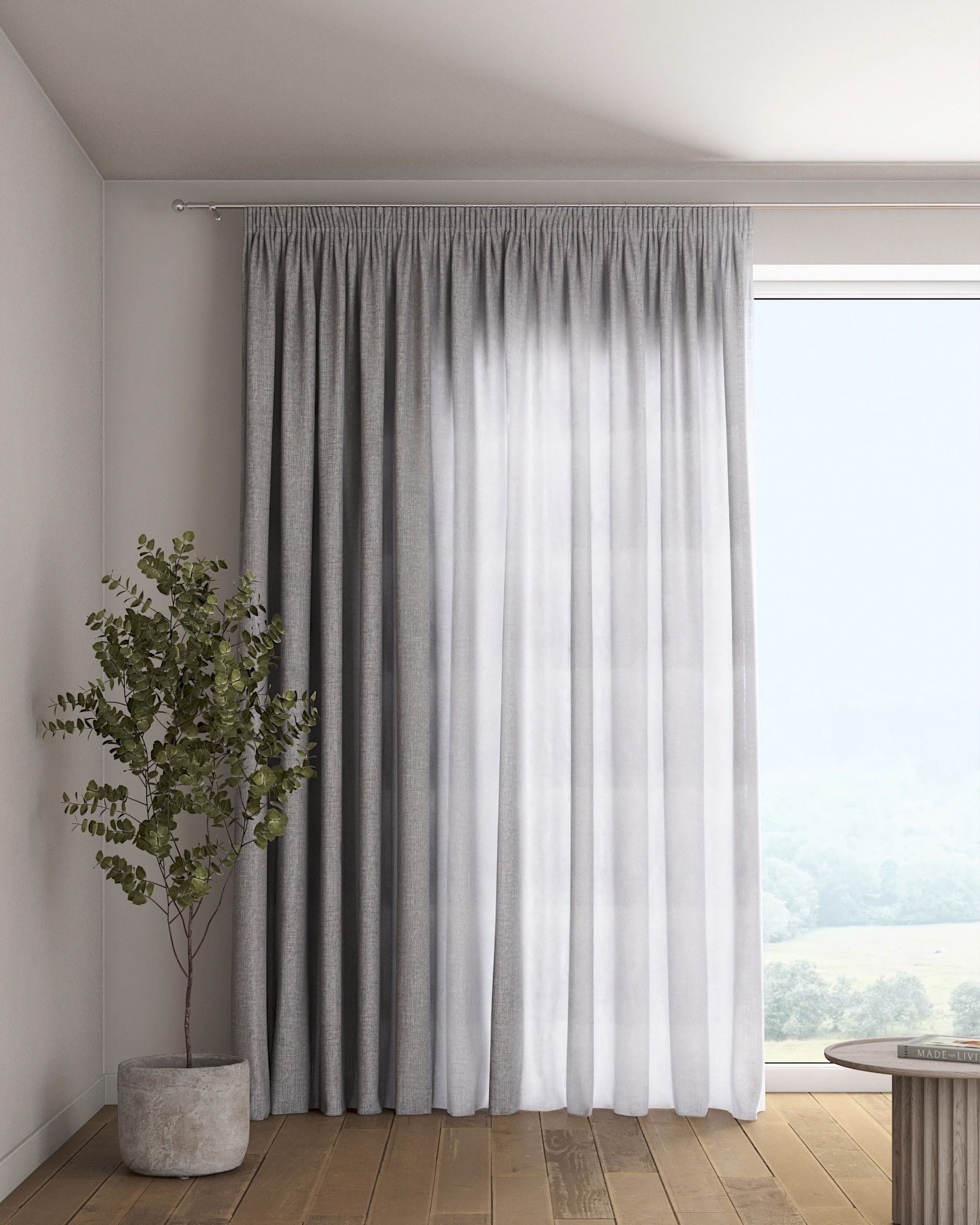 Rideau sur un ruban fronceur 1 pièce couleur gris tissu semi-transparent, tresse