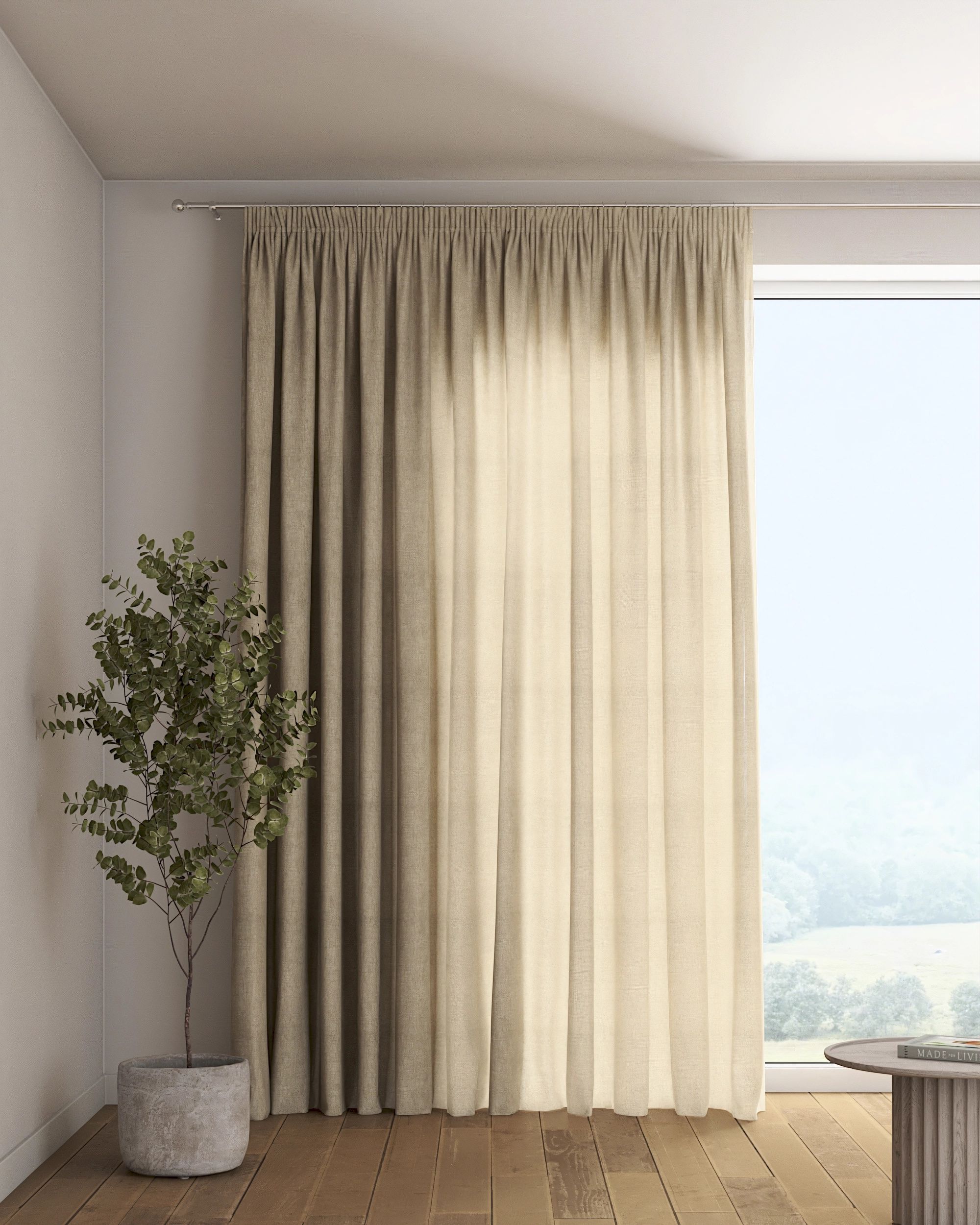 Rideau sur un ruban fronceur 1 pièce couleur beige tissu semi-transparent, tresse