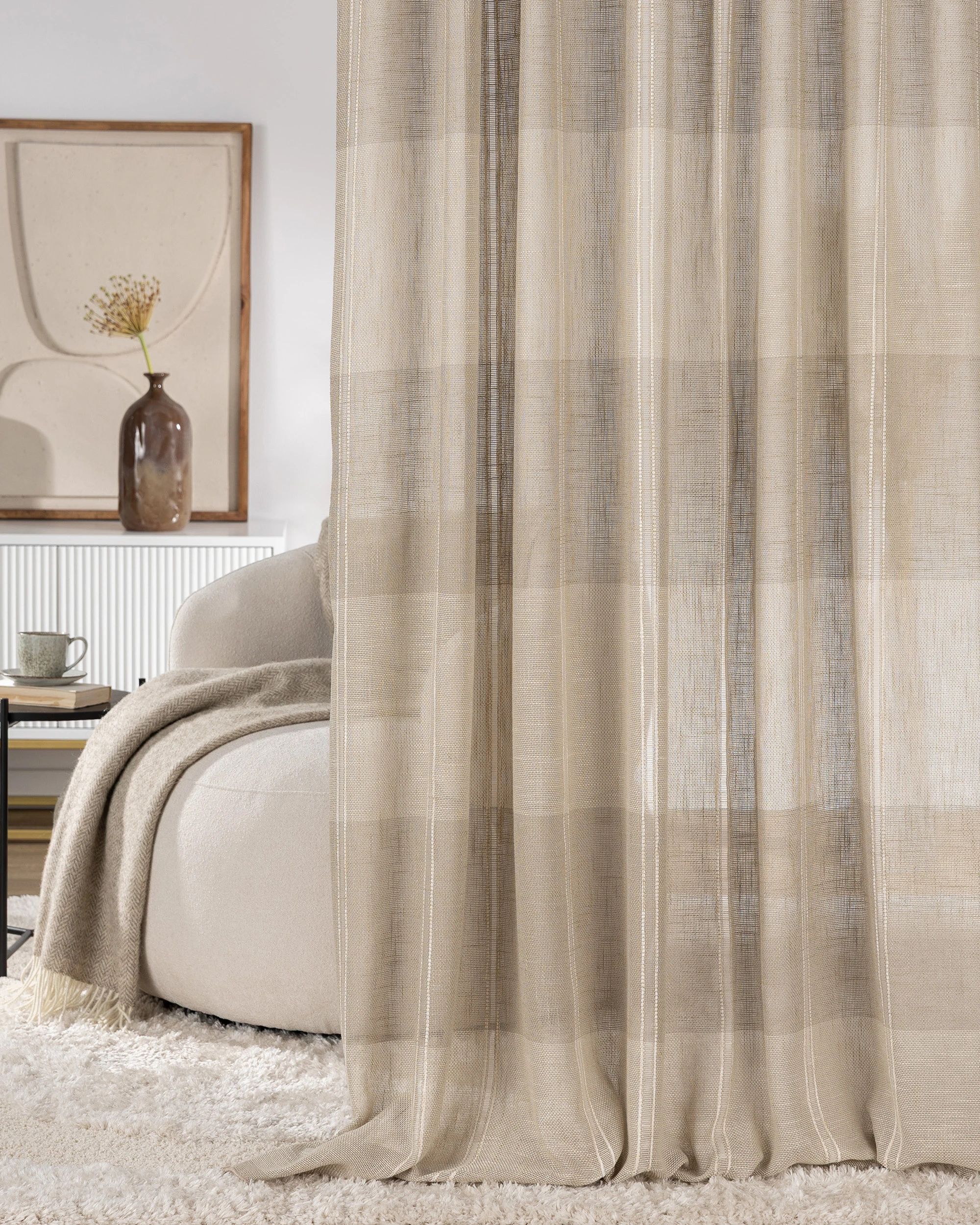 Rideau sur un ruban fronceur 1 pièce couleur beige tissu semi-transparent, tresse, à motifs (hover)