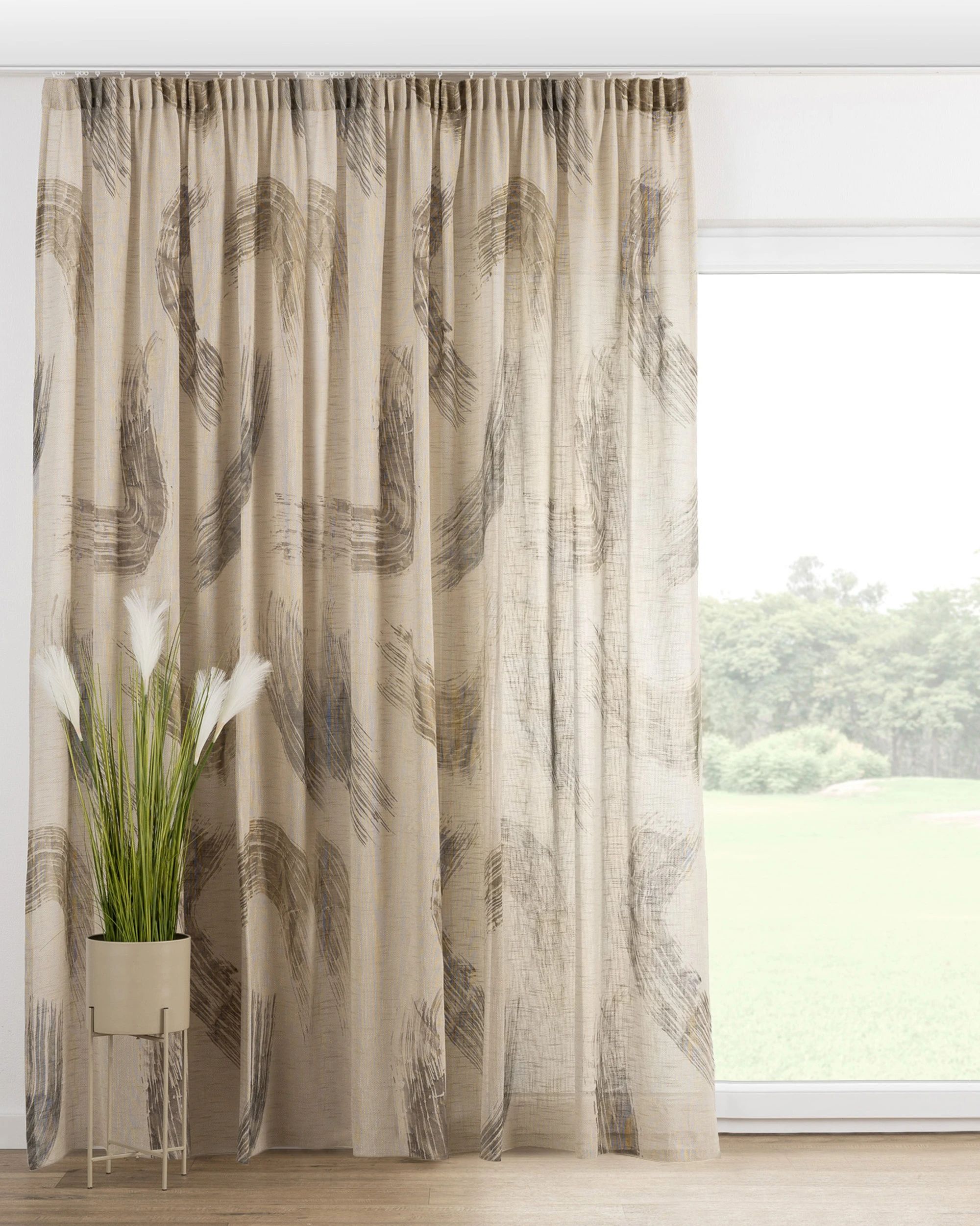Rideau sur un ruban fronceur 1 pièce couleur beige tissu semi-transparent, tresse, à motifs