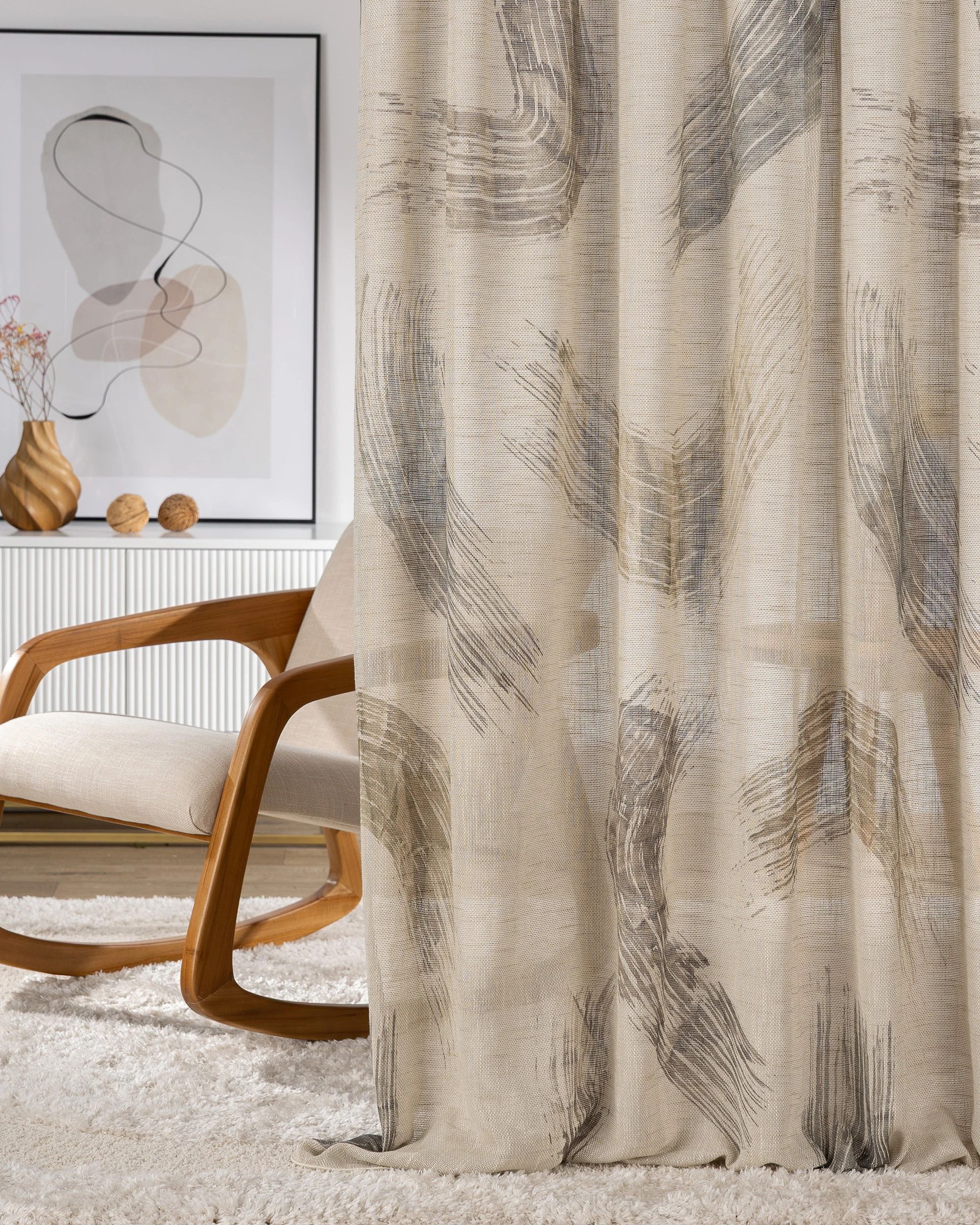 Rideau sur un ruban fronceur 1 pièce couleur beige tissu semi-transparent, tresse, à motifs (hover)