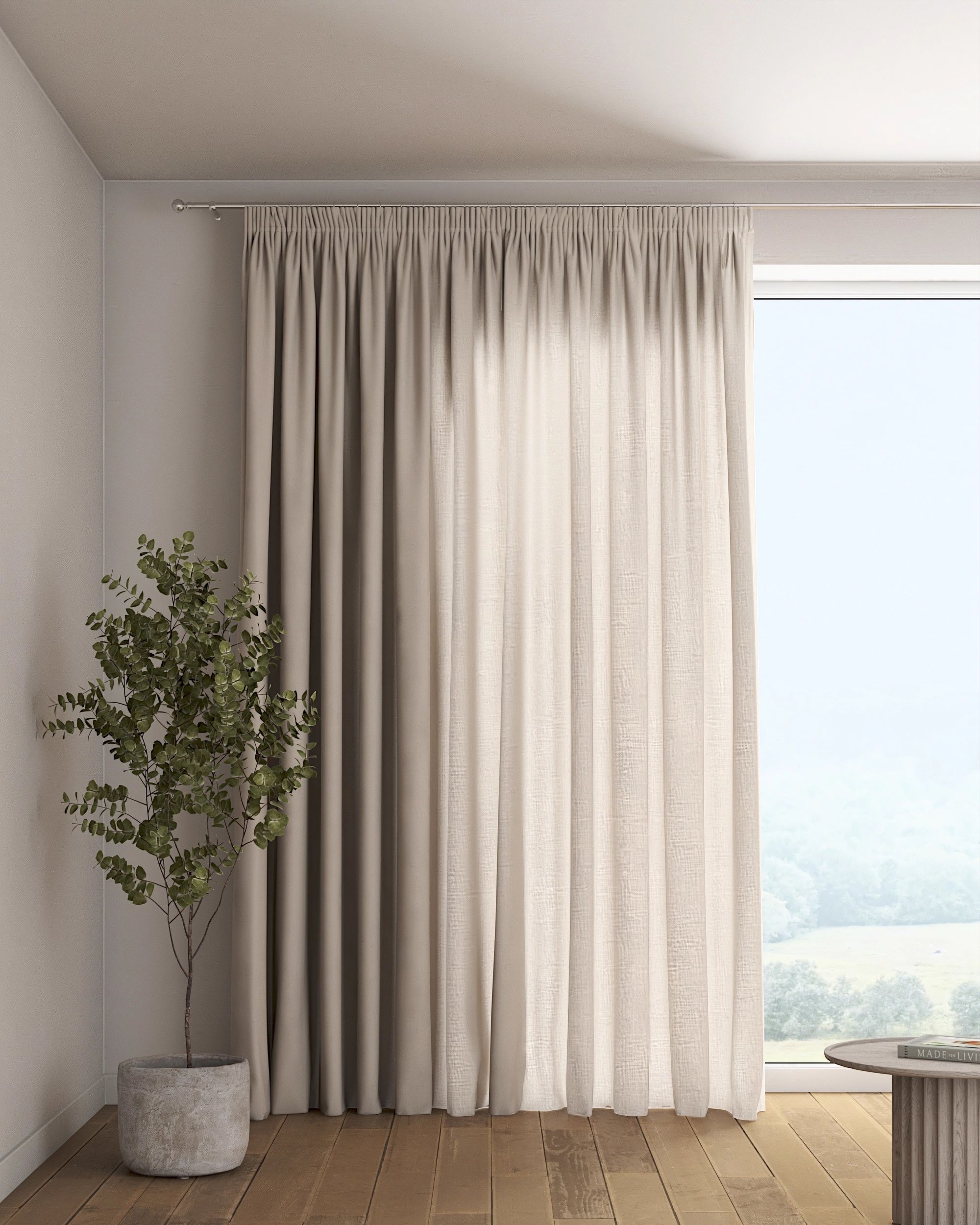 Rideau sur un ruban fronceur 1 pièce couleur beige tissu semi-transparent, tresse