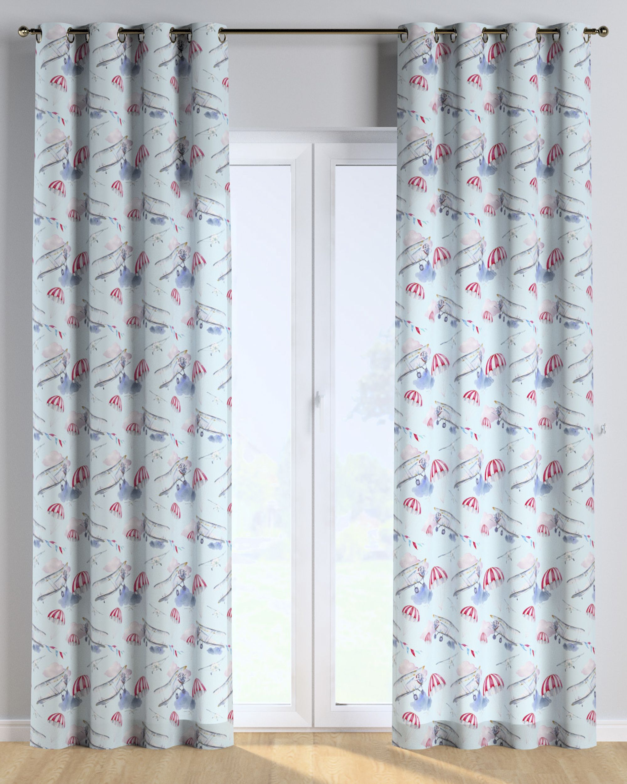 Rideau à œillets 1 pièce couleur bleu tissu à motifs (hover)