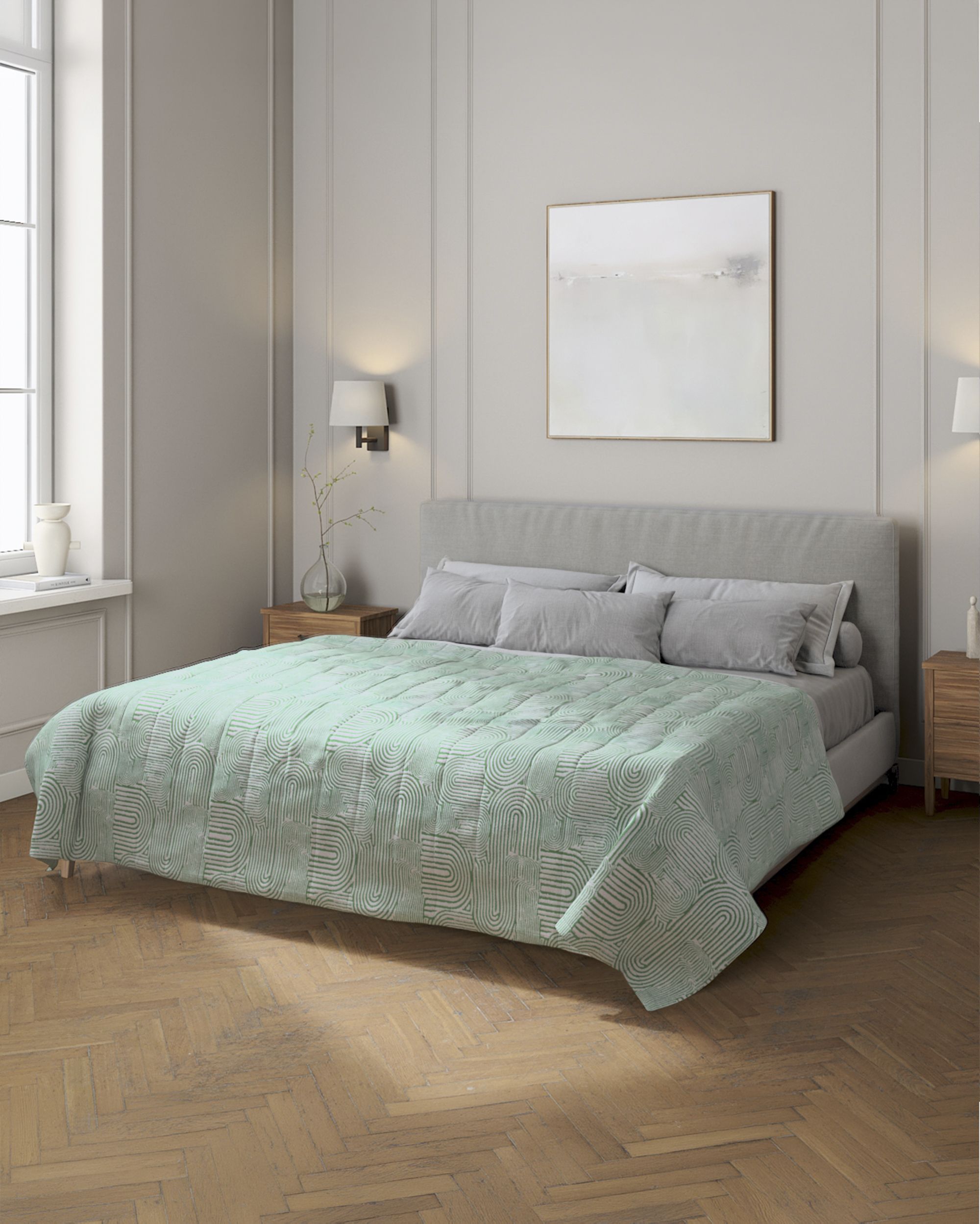 Couvre-lit matelassé à motif rayures couleur vert tissu tresse, à motifs
