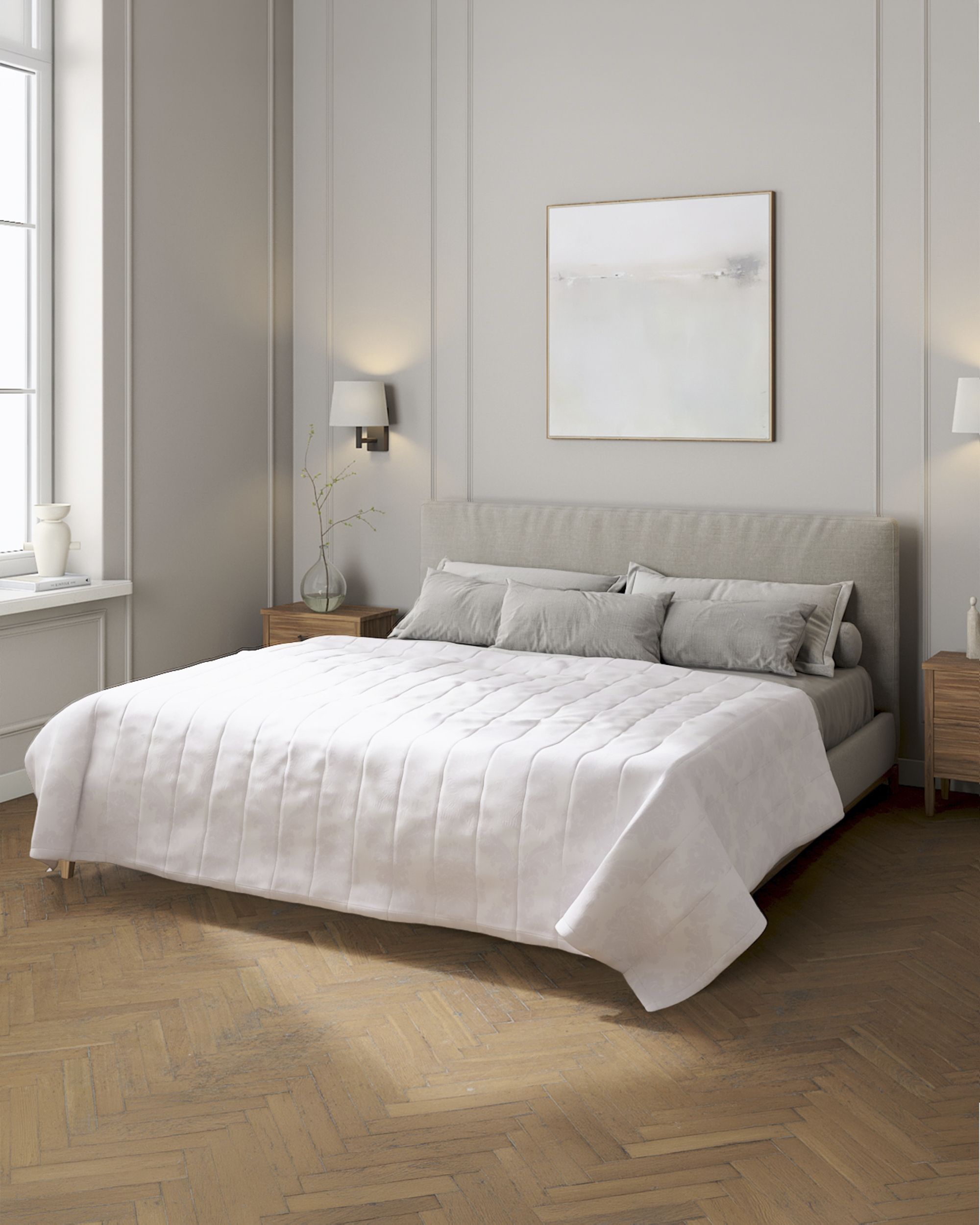 Couvre-lit matelassé à motif rayures couleur blanc tissu brillant, tresse, à motifs
