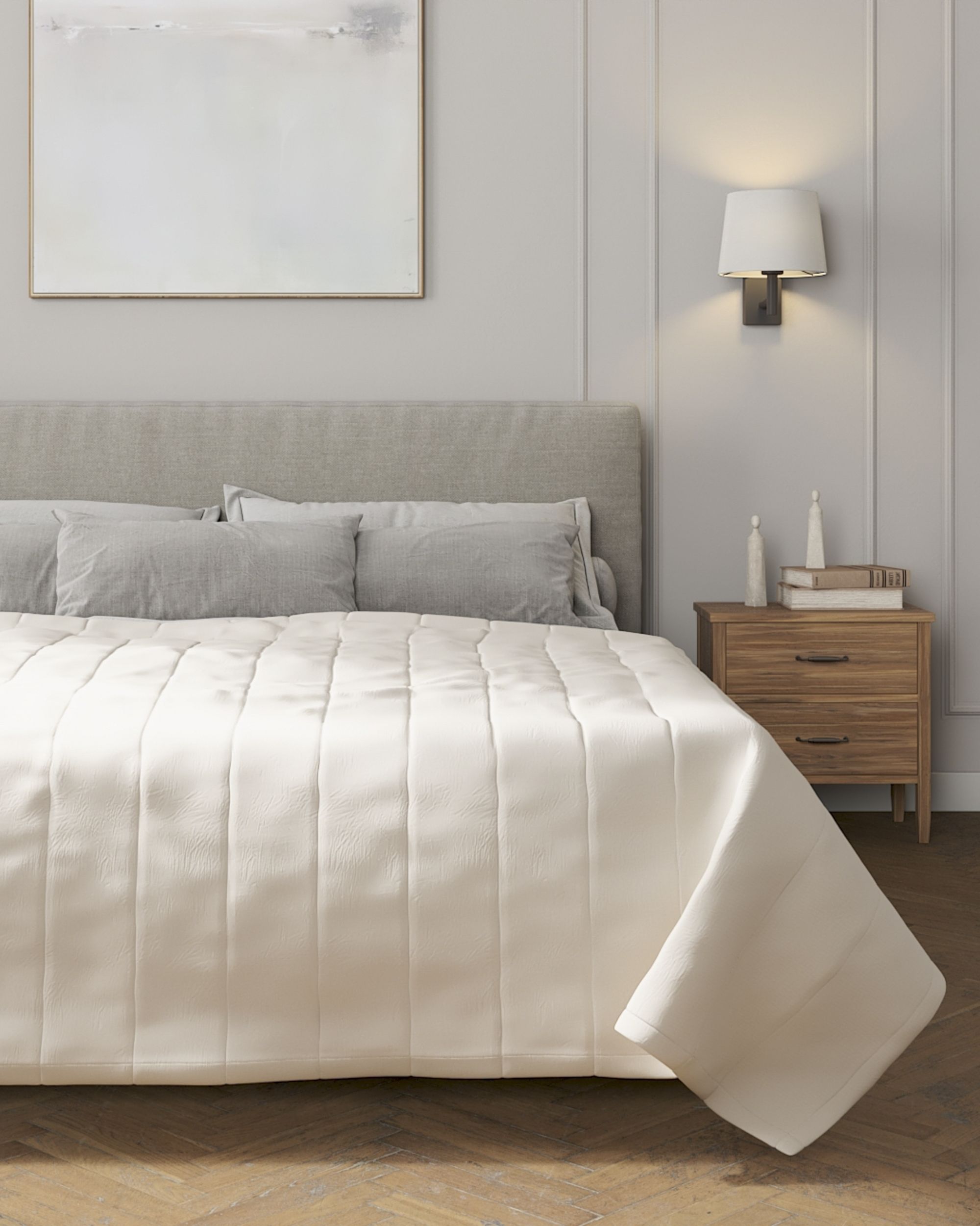 Couvre-lit matelassé à motif rayures couleur beige tissu tresse (hover)