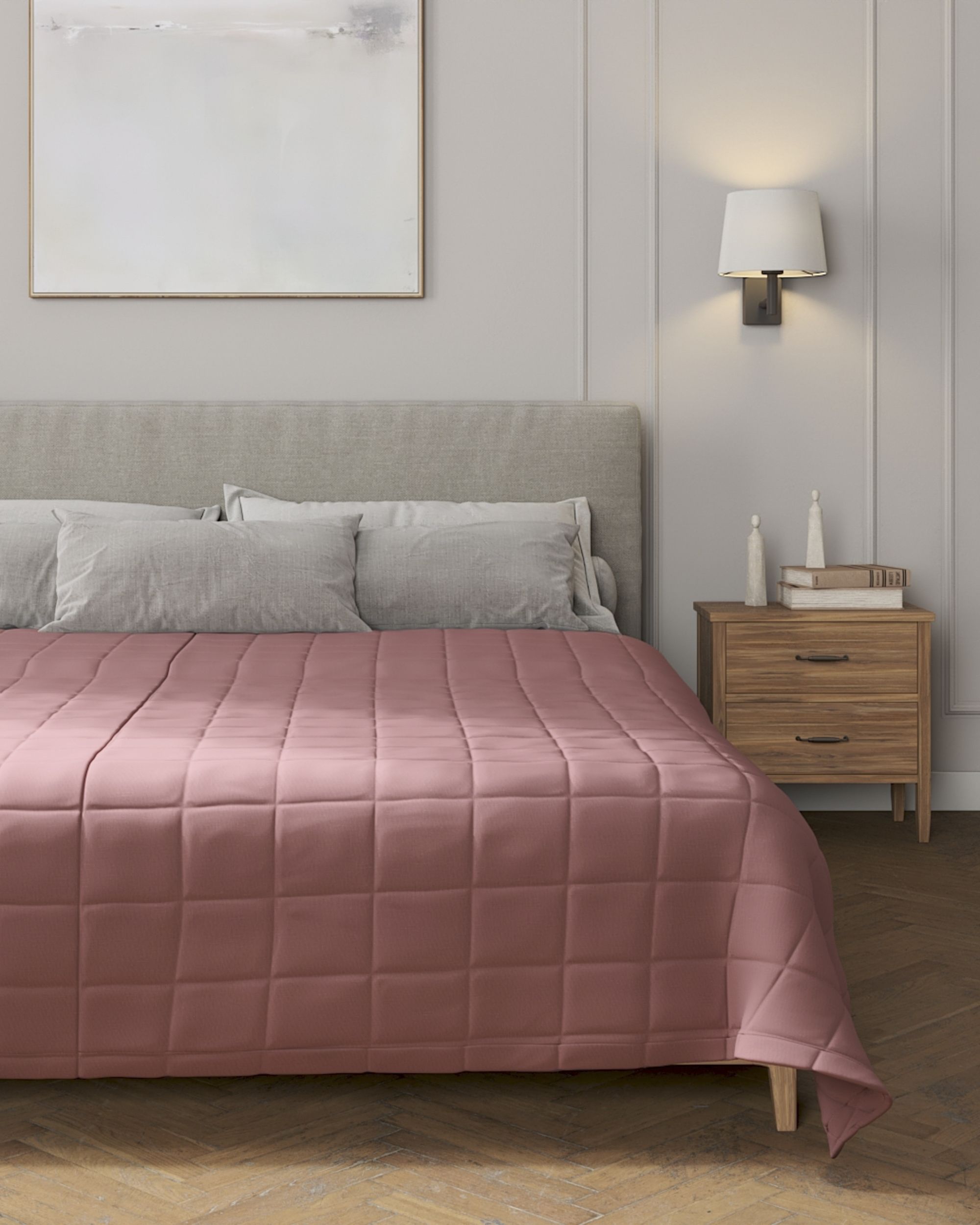 Couvre-lit matelassé à motif carreaux couleur rose tissu semi-transparent, tresse (hover)