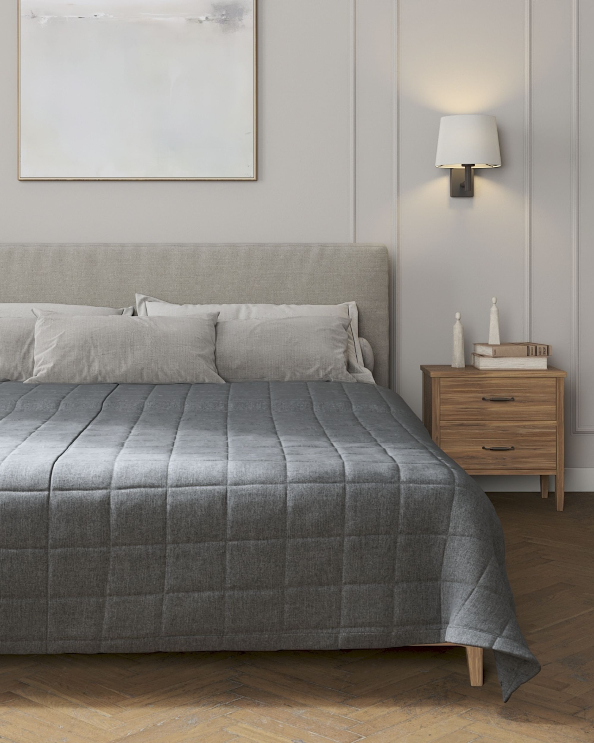 Couvre-lit matelassé à motif carreaux couleur gris tissu tresse (hover)