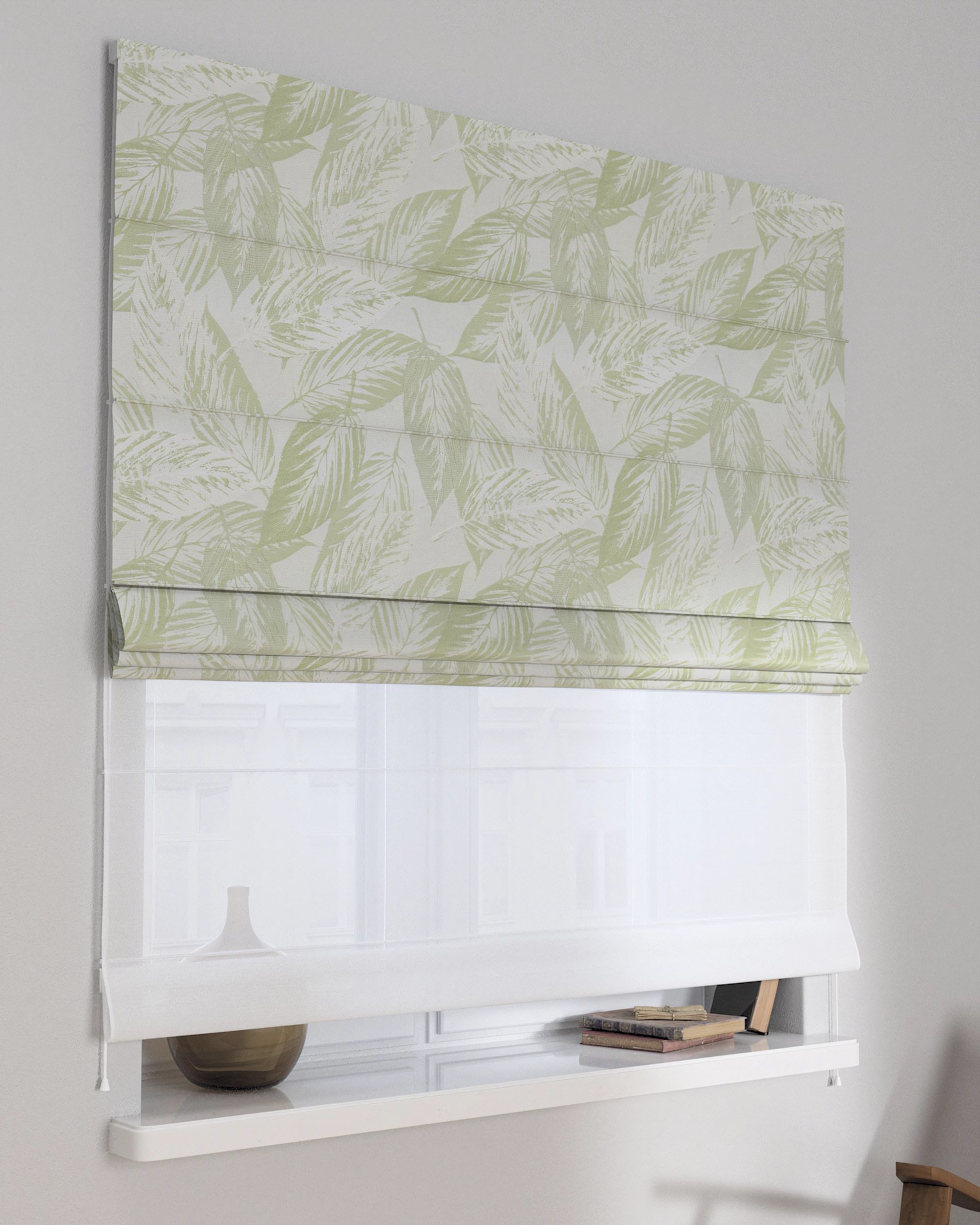 Store romain Duo couleur vert tissu brillant, tresse, à motifs