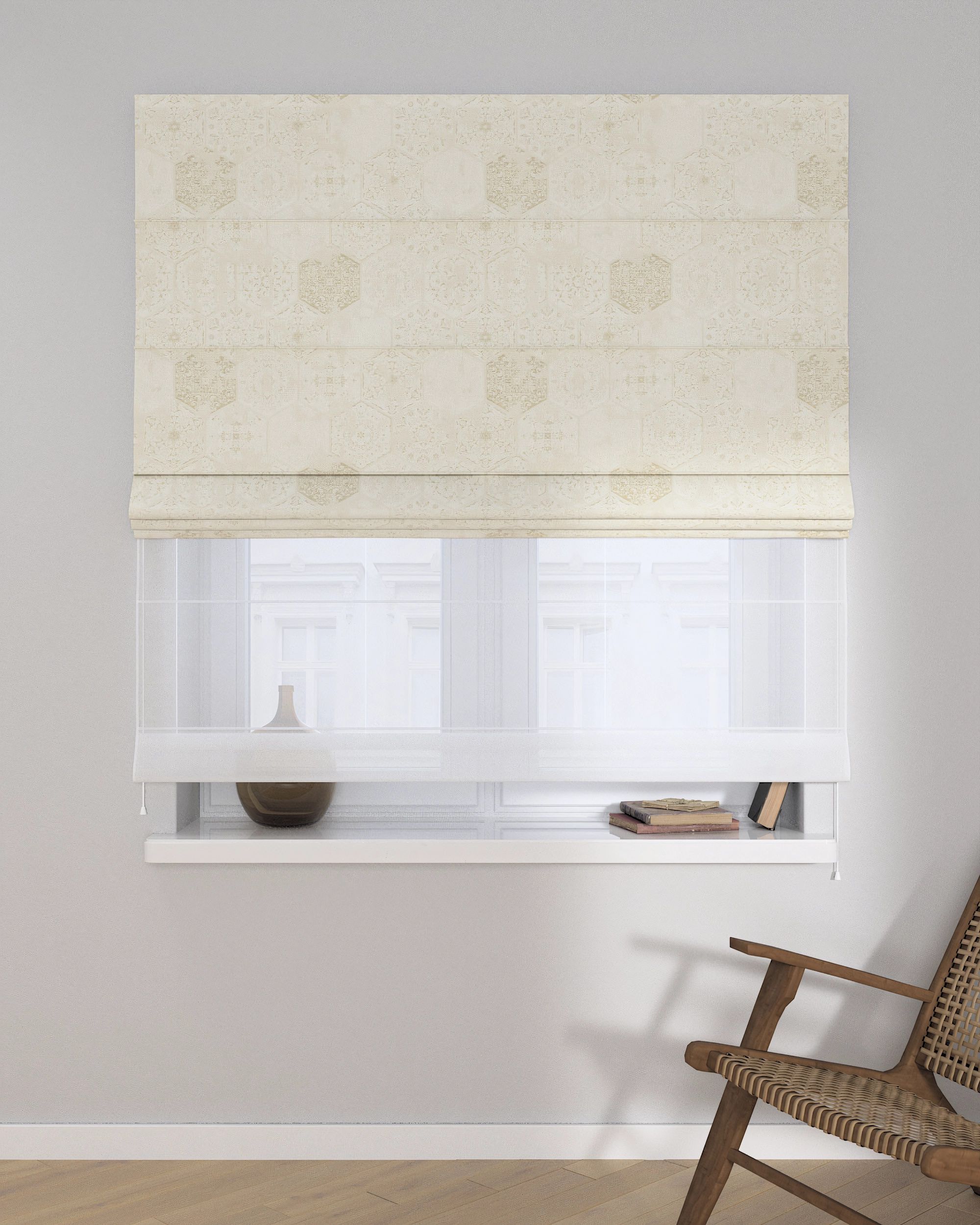 Store romain Duo couleur crème tissu brillant, tresse, à motifs (hover)