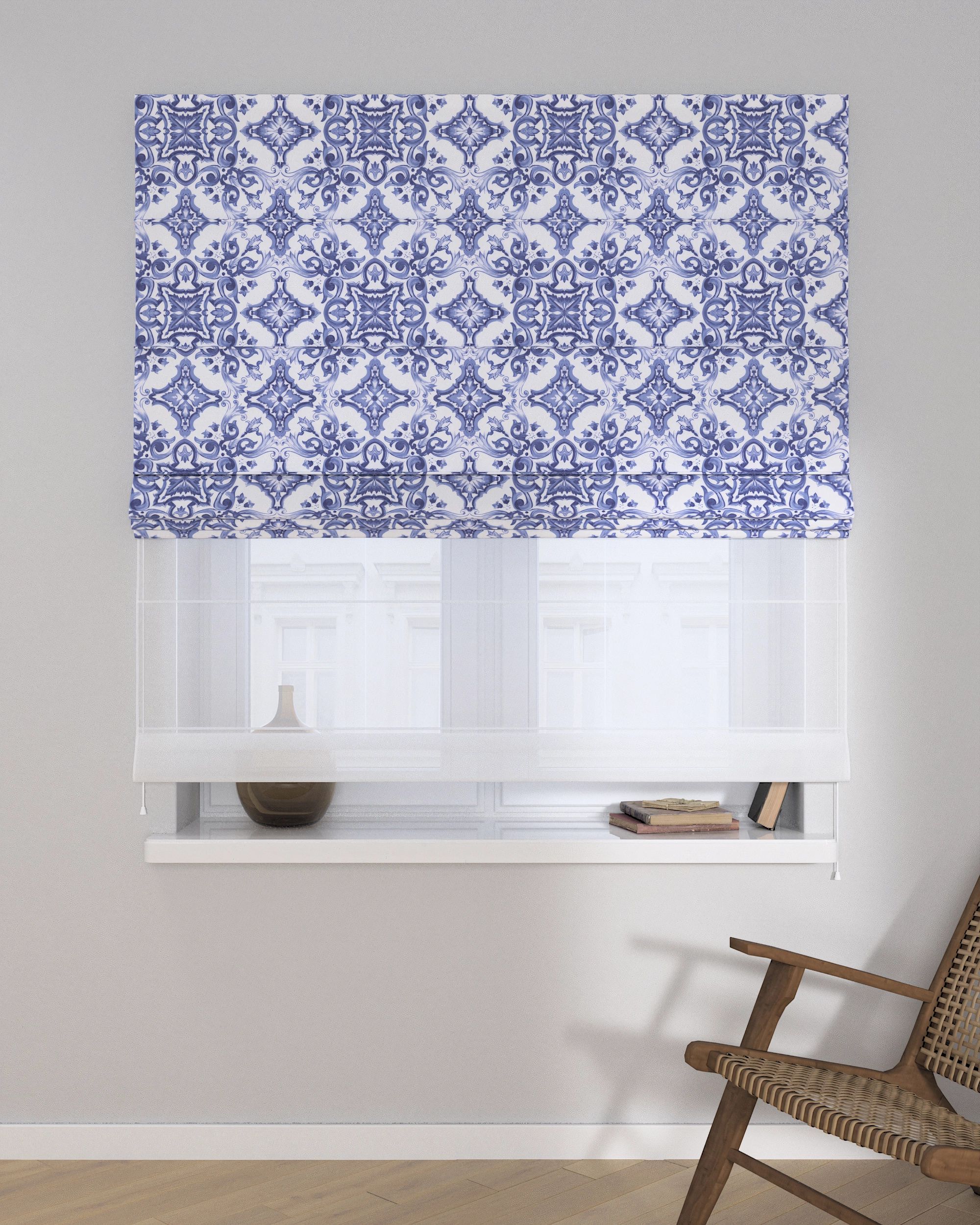Store romain Duo couleur bleu tissu à motifs (hover)