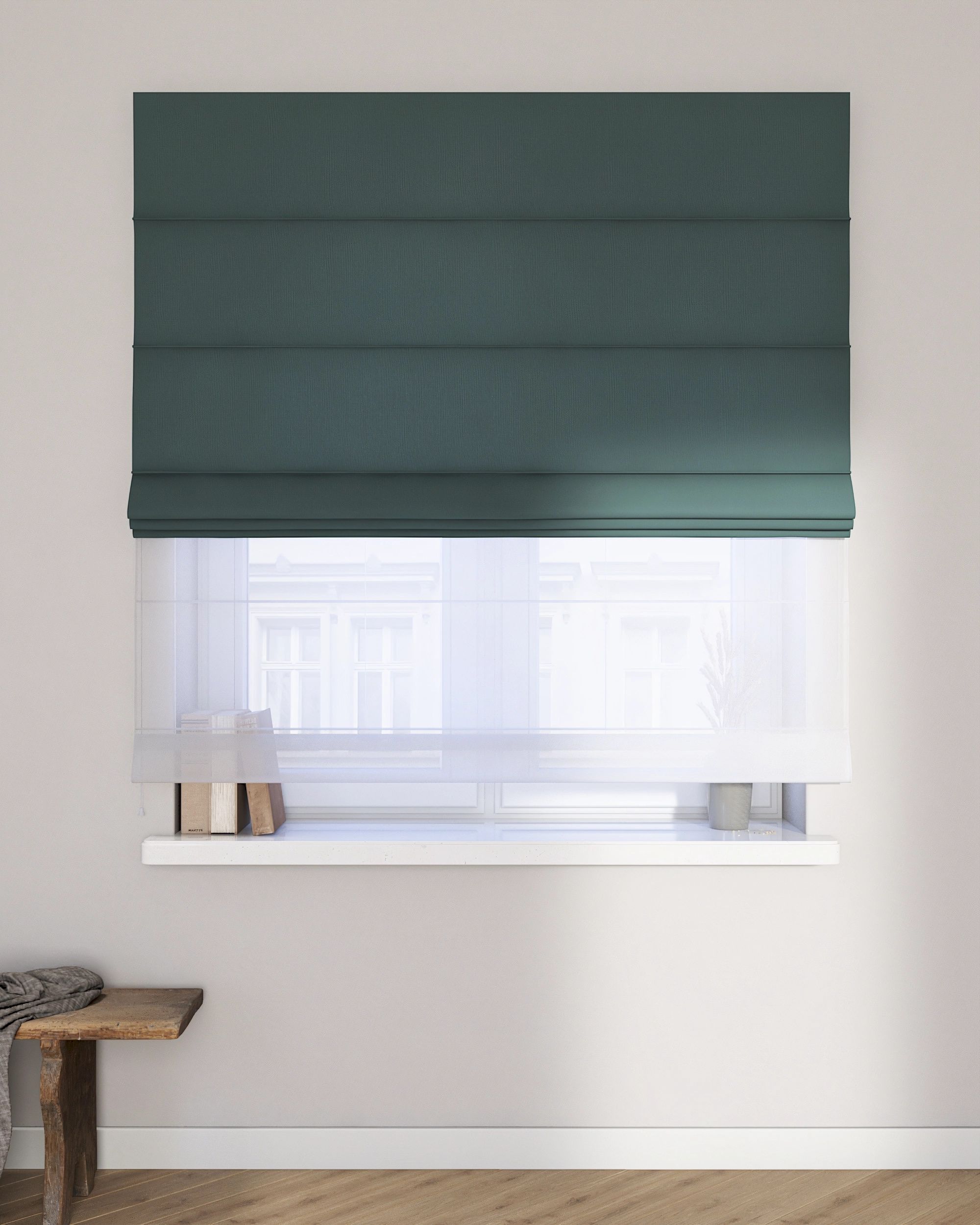 Store romain Duo couleur vert tissu semi-transparent, tresse (hover)
