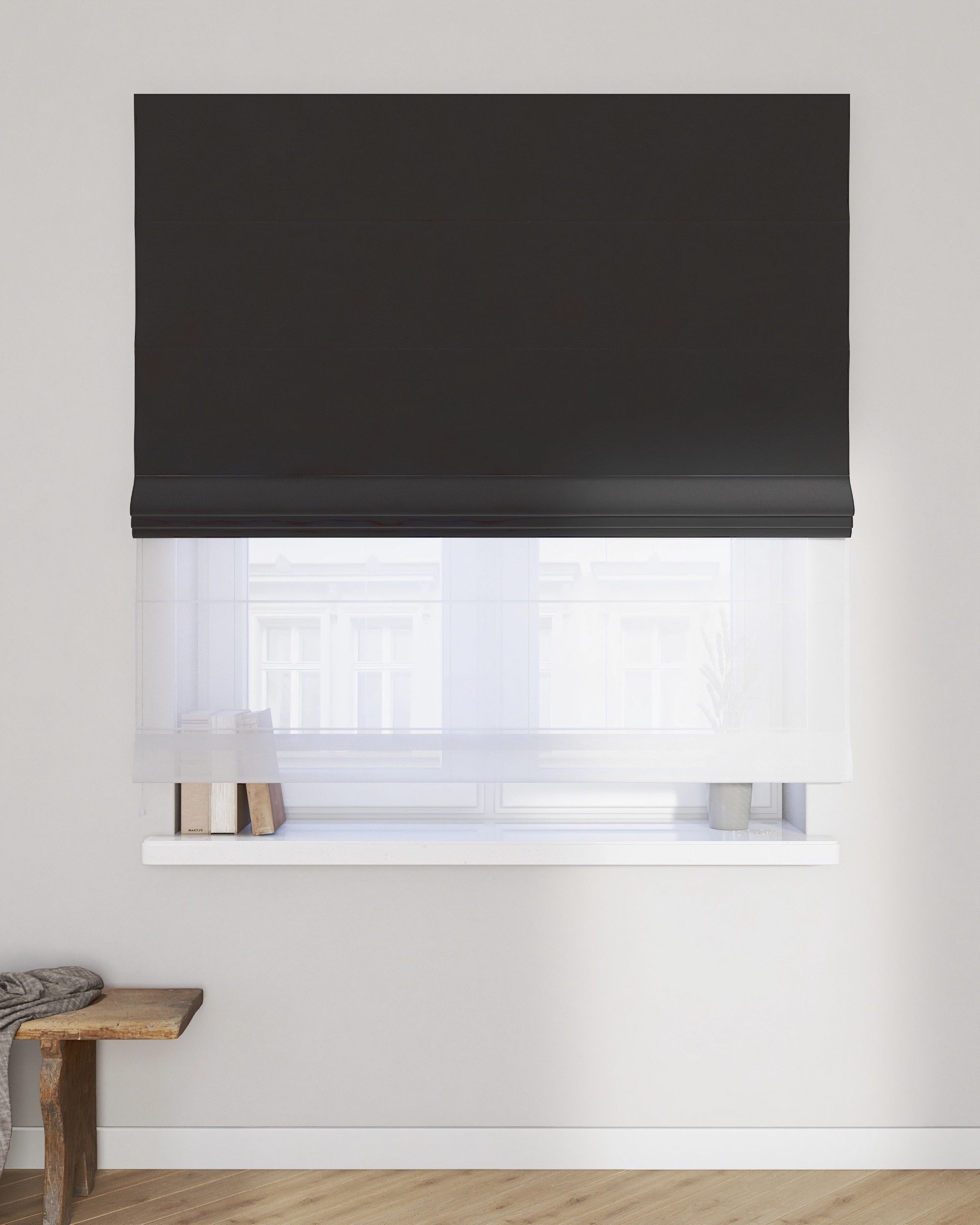Store romain Duo couleur noir tissu brillant, velours (hover)