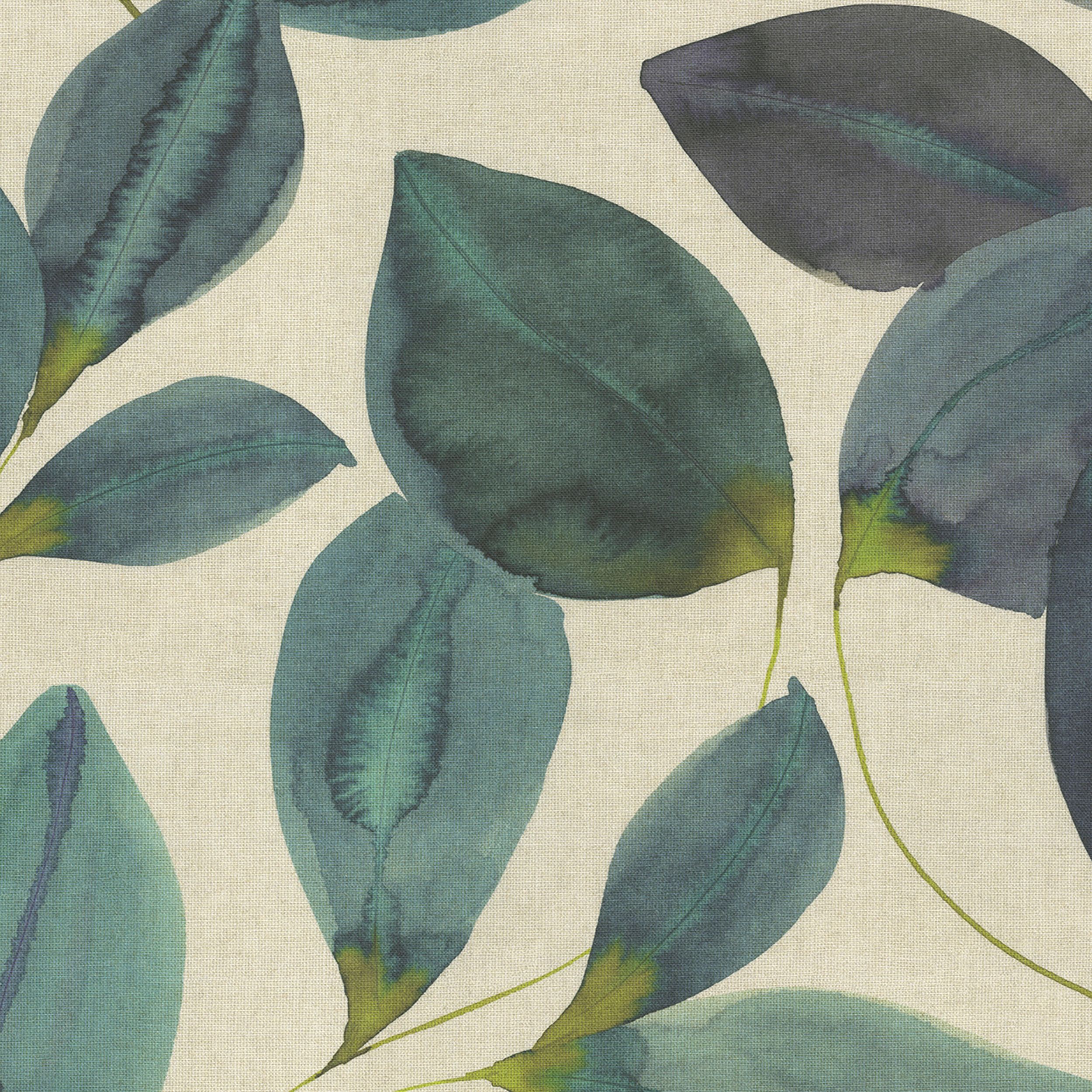 Gardenia 143-15 feuilles vert émeraude avec violet sur fond lin